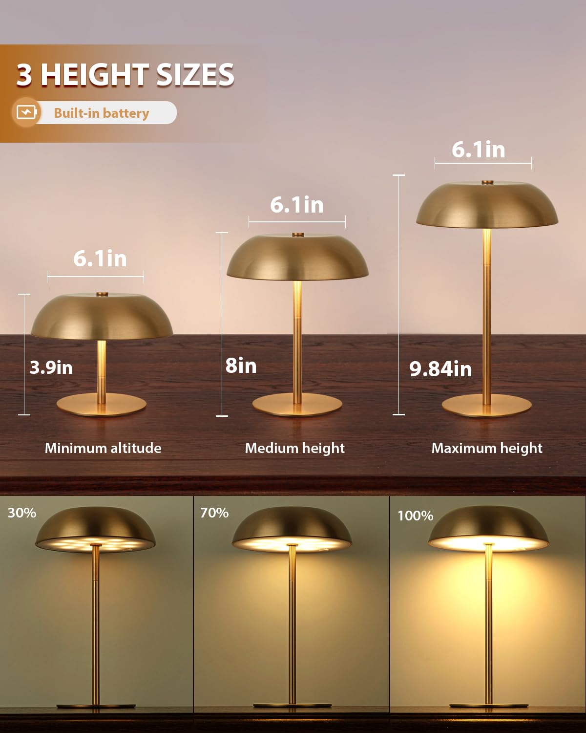 Brasslism Gold Cordless Table Lamp - Rechargeable Touch Lamp With 3-Color Dimming & Adjustable Height Battery Powered Lamp For Bedside  Bar  Desk  Outdoor Patio Restaurant Modern stylish Decor