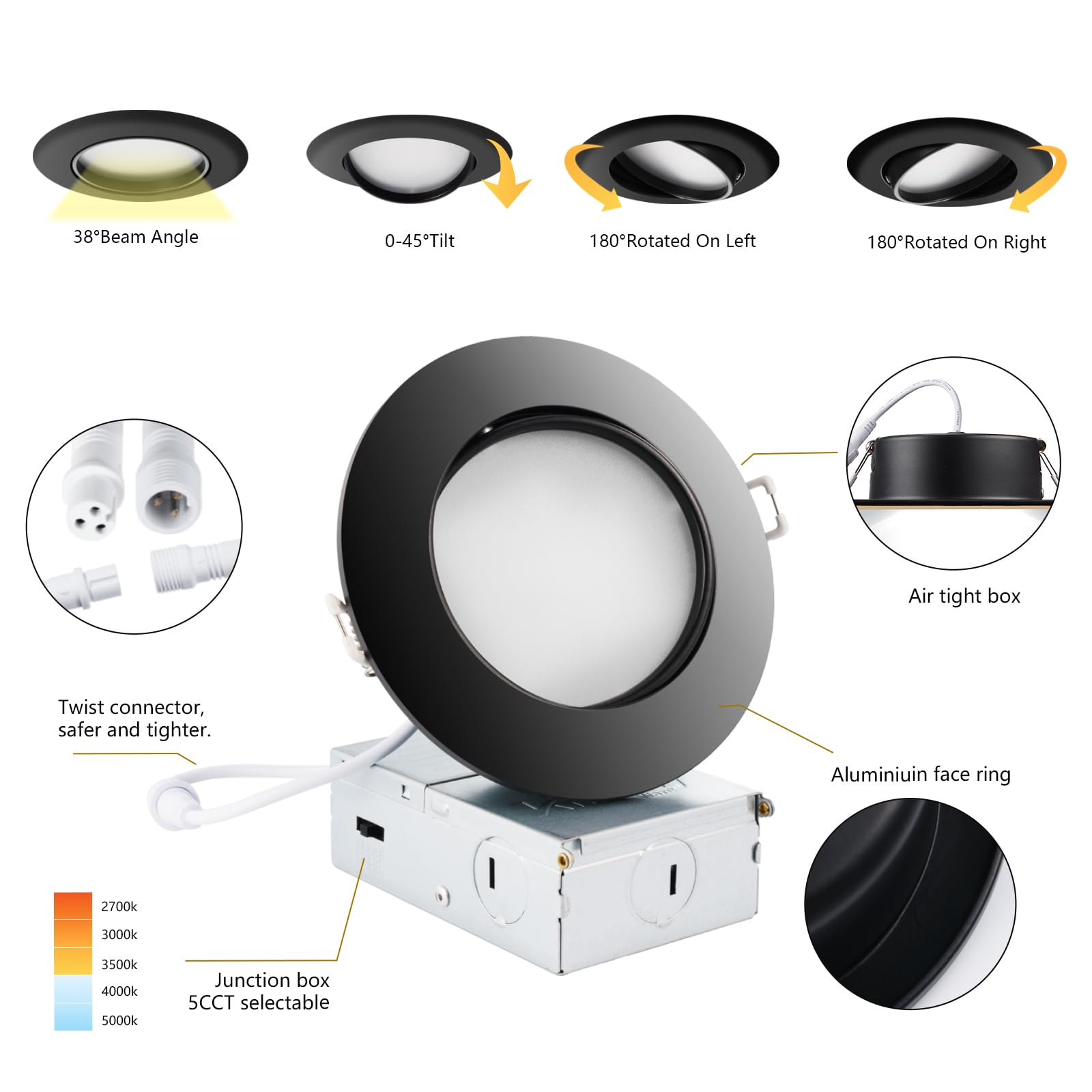 Knlnny Ware Black Recessed Lighting 4 Inch 6 Pack,Ajustable Eyeball Gimbal Light,Led Recessed Lighting 4 Inch Ceiling Light With