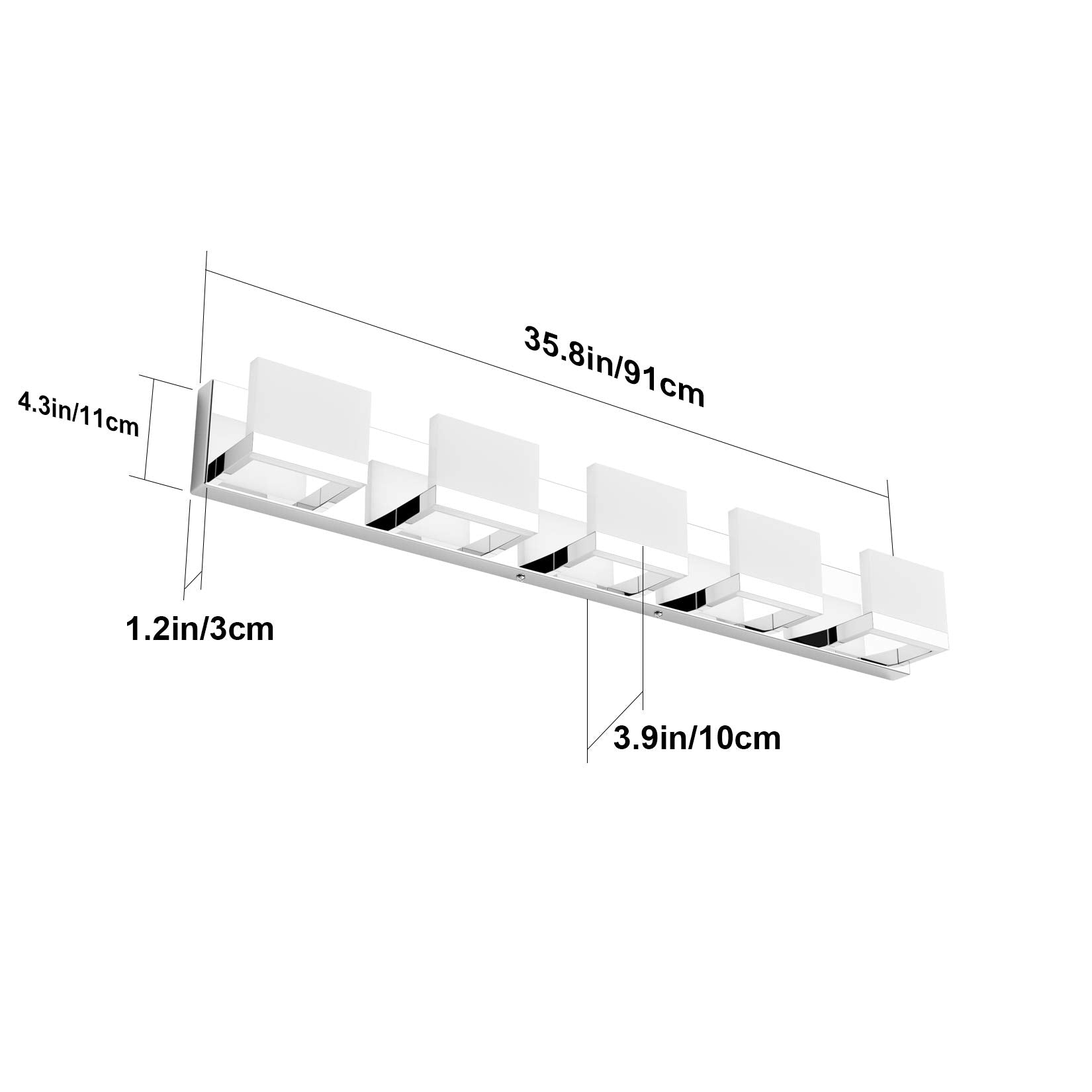 Tipace Chrome 5 Lights Modern Vanity Light Fixture - Stainless Steel, Up and Down LED, 6000K White Light for Bathroom Mirror