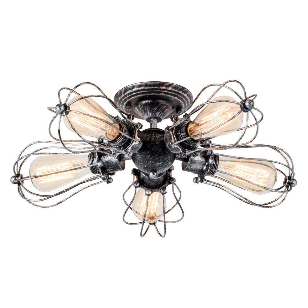 Moonkist Vintage Ceiling Light Industrial Semi-Flush Mount Ceiling Light Metal Fixtures Painted Finish (With 5 Light) (Silver)