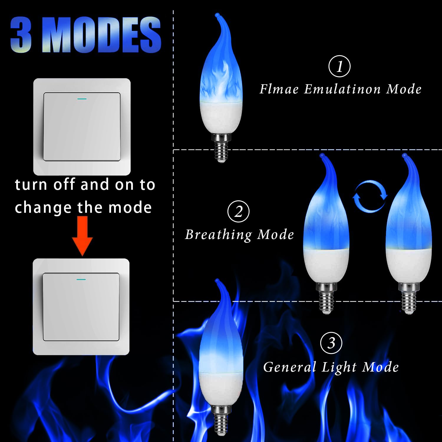 Ohlgt E12 Flame Bulbs, 3 Mode Led Candelabra 2.0 Watt Blue Chandelier Candle Light Bulbs, Flame Tip For Christmas Party Decorati