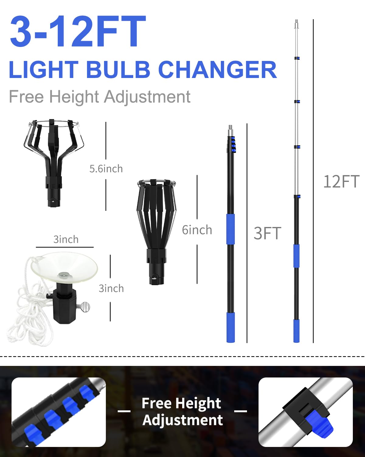 Skgpole 18Ft Reach Light Bulb Changer For High Ceilings With Telescopic Extension Pole, 3-12Foot Light Bulb Extension Pole Chang