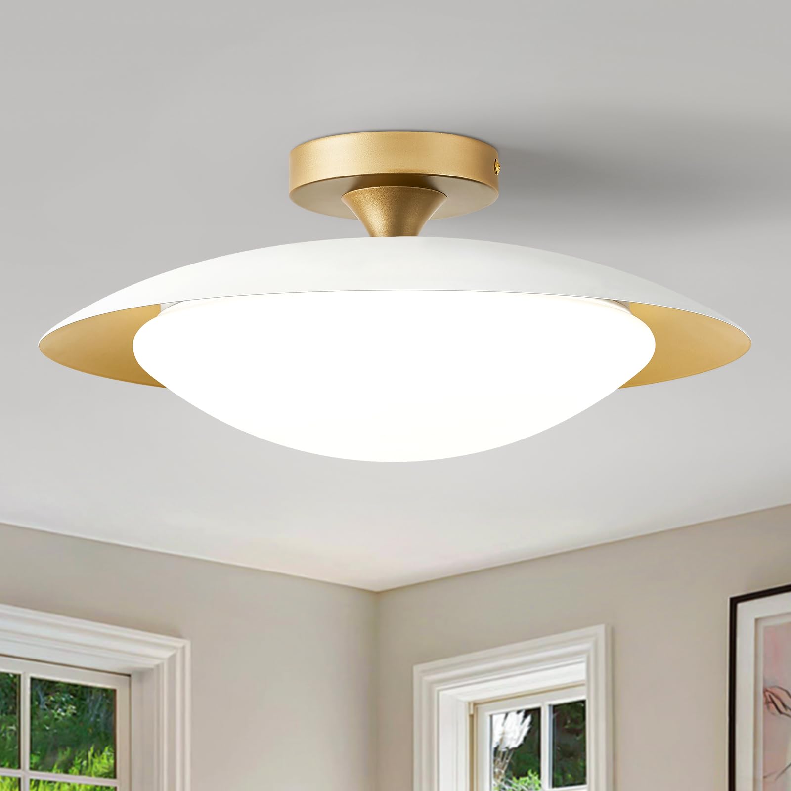 Zuyurt Dimmable Mid Century Modern Ceiling Light 5Cct Led White And Gold Semi Flush Mount Ceiling Lighting  For Kitchen Bedroom Hallway Bathroom 2700K-6000K 15.75 In