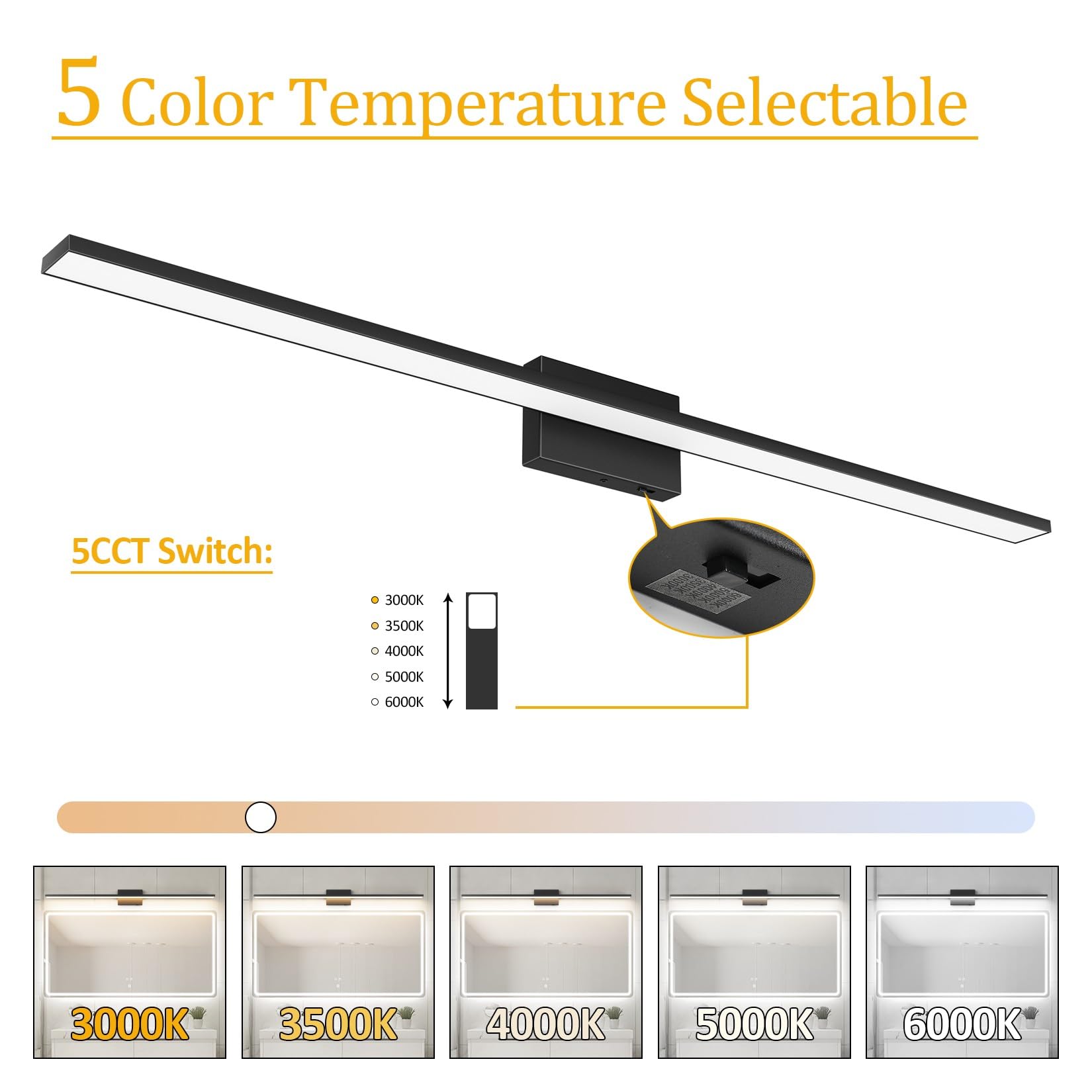 Ralbay Modern Black Vanity Light 36W Acrylic LED 48 Inch 5 Color Temperature for Bathroom Over Mirror Lighting
