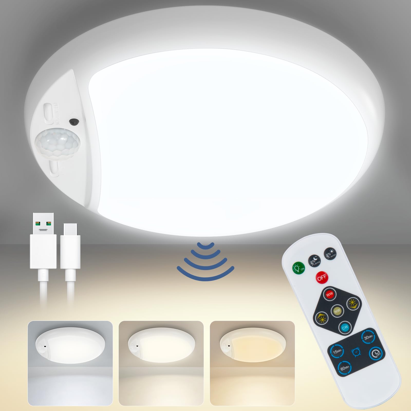 DEEPLITE Wireless Ceiling Light with Motion Sensor, 600LM, Rechargeable, Remote Control, 1 Pack, White, Model T041
