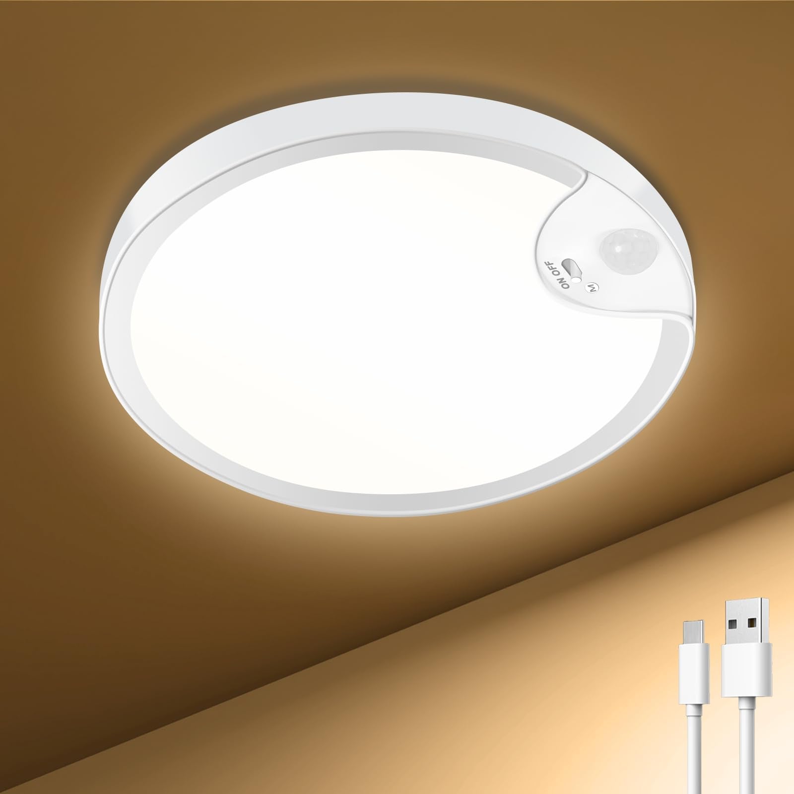Rechargeable Motion Sensor Closet Light - IP54 Waterproof Shower Light Indoor, Wireless Battery Operated Ceiling Lights, 3CCT Co