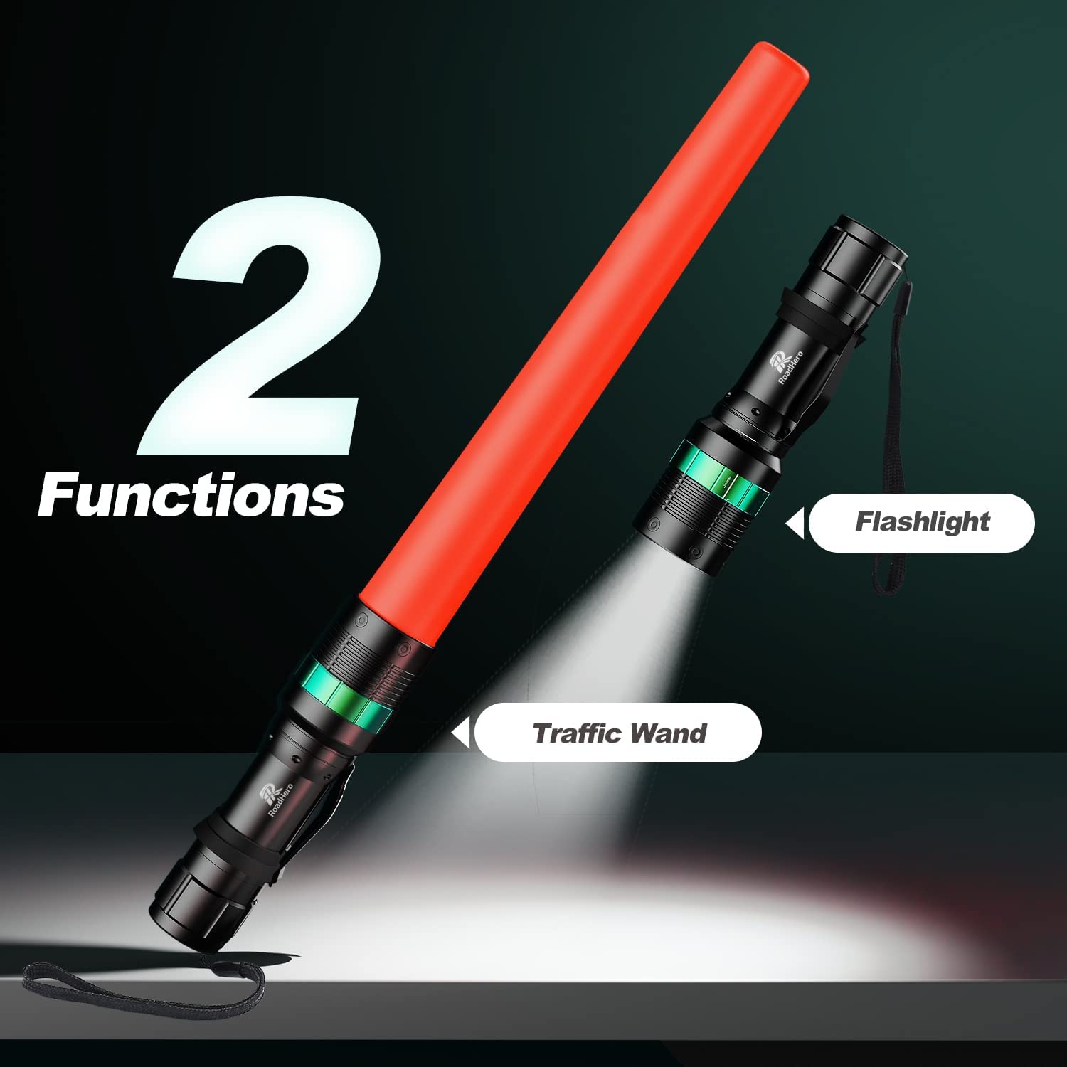 RoadHero Traffic Wand 2 Pack, 16" LED Flashlight Baton, Orange Safety Wands, 5 Flashing Modes, Air Marshaling Light