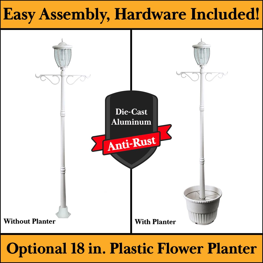 Sun-Ray Solar Lamp Post Light With Planter And Hanger, 7Ft. Outdoor Single Head Solar Post Light For Patio, Driveway, Lawn Or Ga
