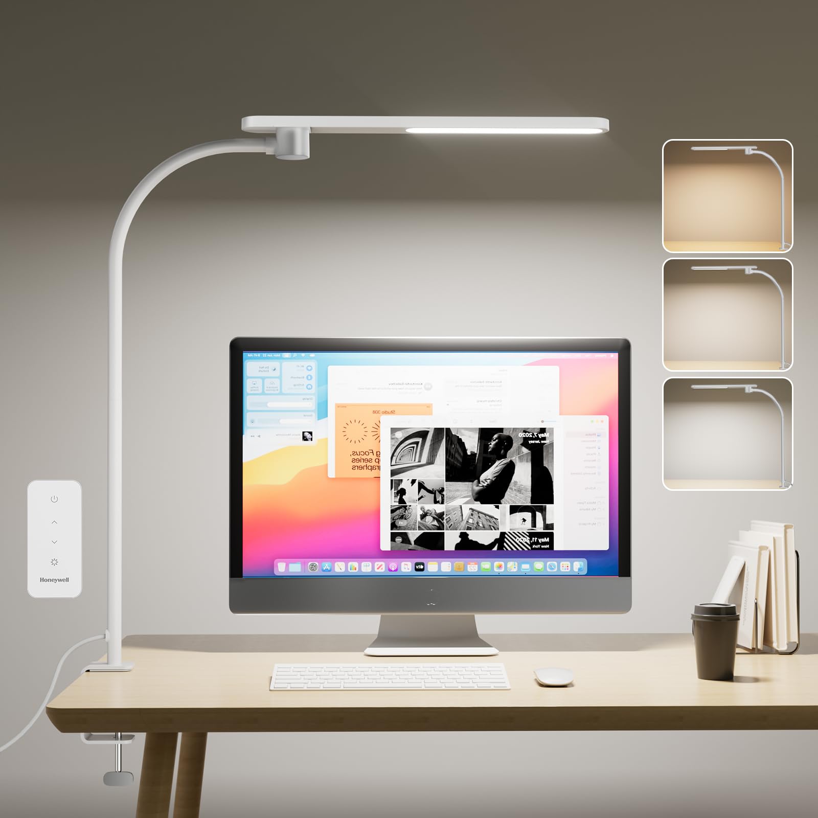 Honeywell HJ2 Sunturalux Clamp LED Desk Lamp  CRI=97 Full-Spectrum Eye-Caring Light  3 Color Modes & Stepless Dimming  16 Flexible Gooseneck for Reading  Home Office  Art Creation (White)