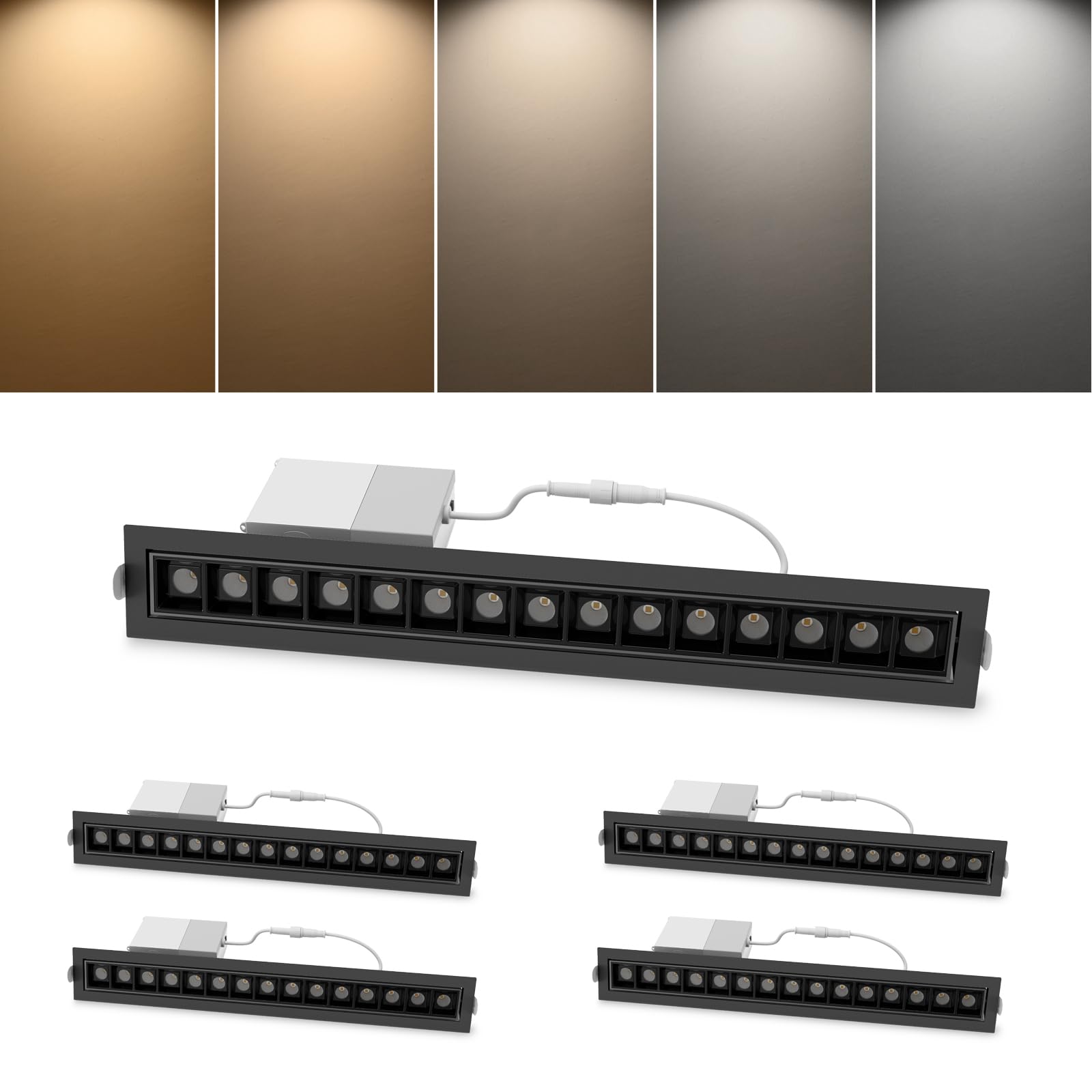 SCON 4-Pack 15W Linear Recessed LED Downlight, 5CCT 3000-6500K, TRIAC Dimmable, Aluminum LED Linear Light Black Trim, with Drive