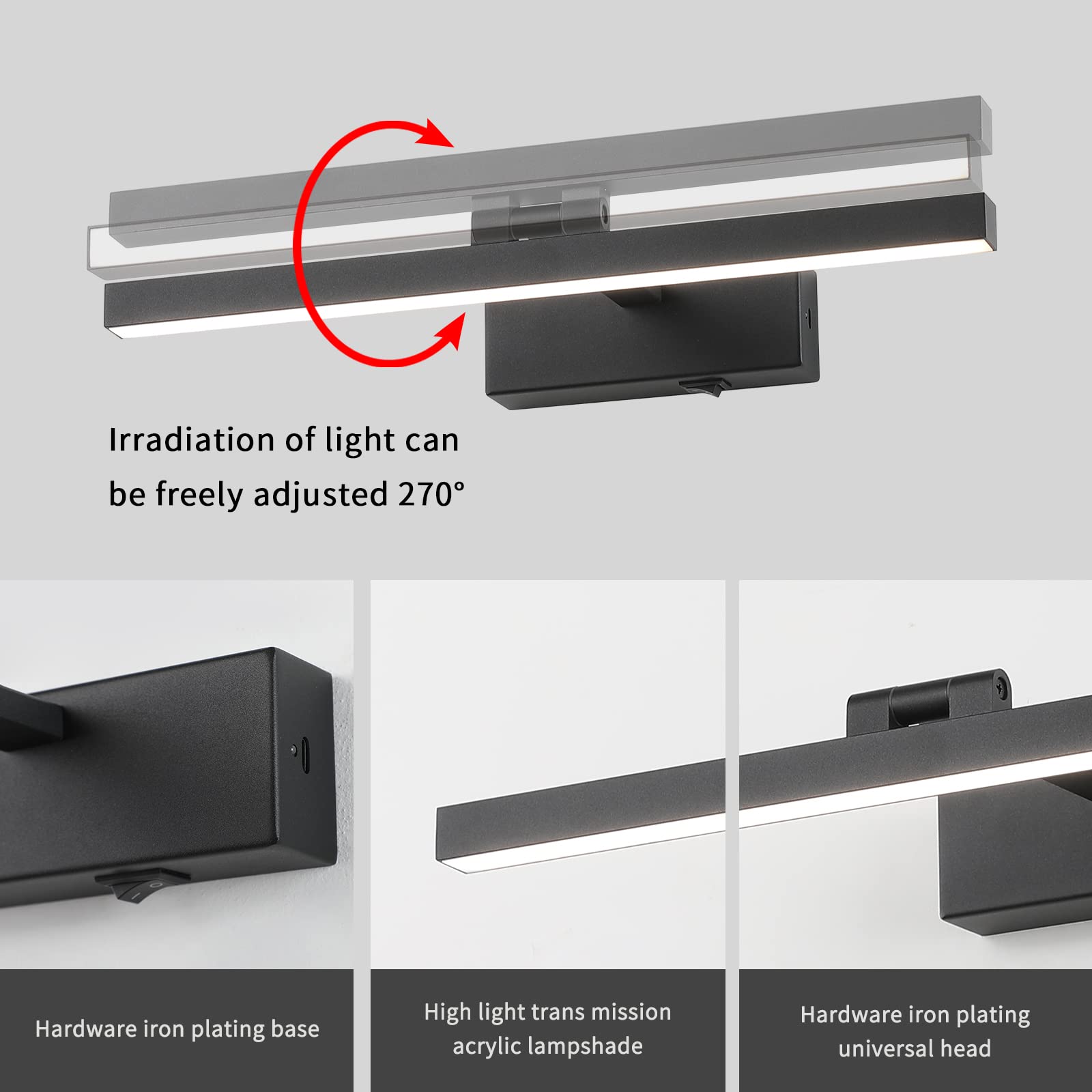 Joosenhouse Picture Light, Battery Powered, Dimmable, Wireless, 15.75in, Black, Model 7110-420-B, Adjustable Swing Arm