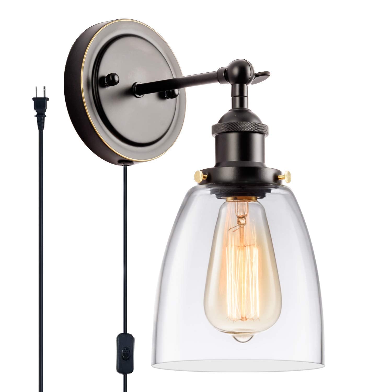 GLADFRESIT Industrial Wall Sconce Plug in Black, Adjustable Head Modern Ceiling Light Fixture Clear Glass Shade Wall Lamp 2 in 1