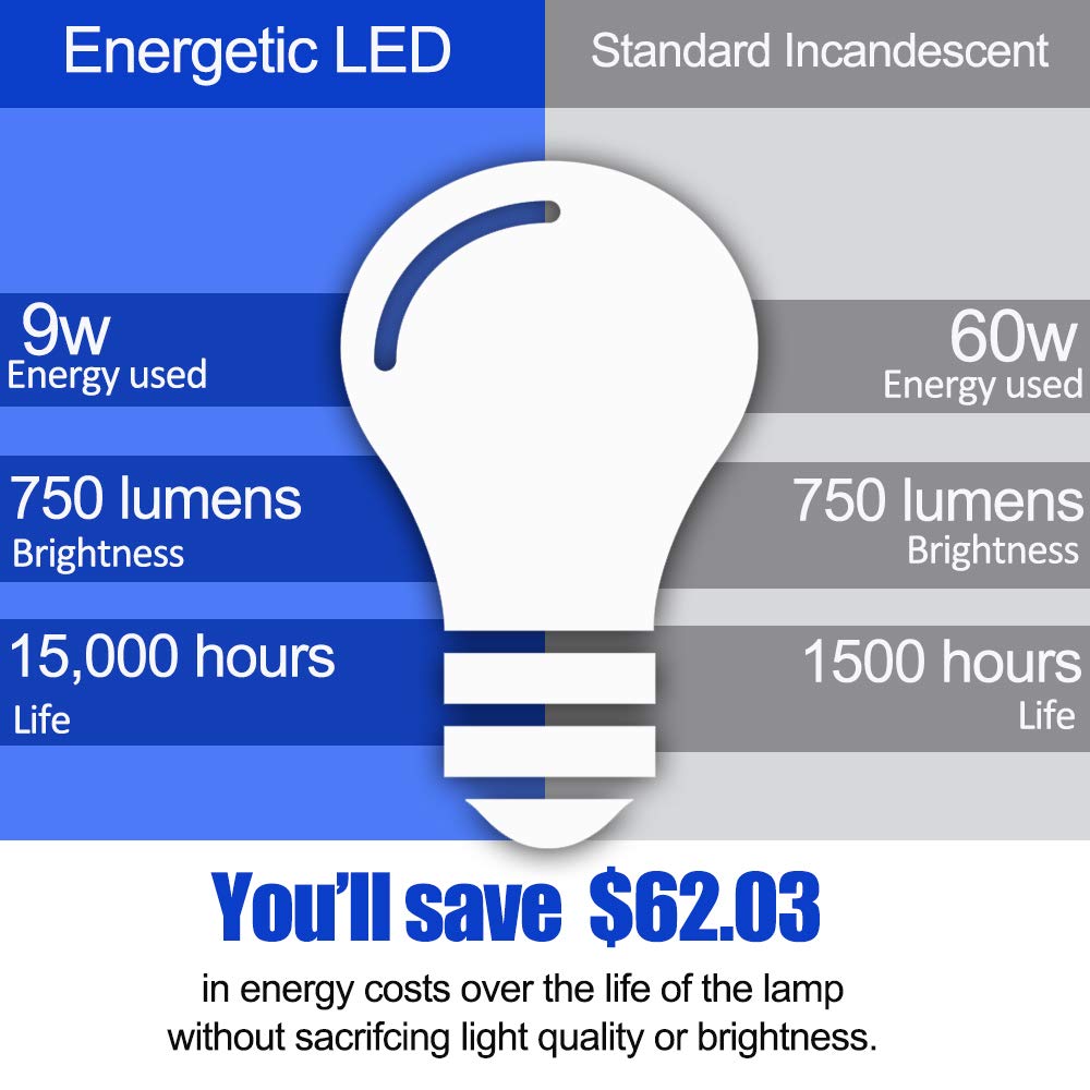 Energetic Lighting A19 LED Light Bulb, 60W Equivalent, 3000K Warm White, E26 Base, Non-Dimmable, 4 Pack, UL Listed