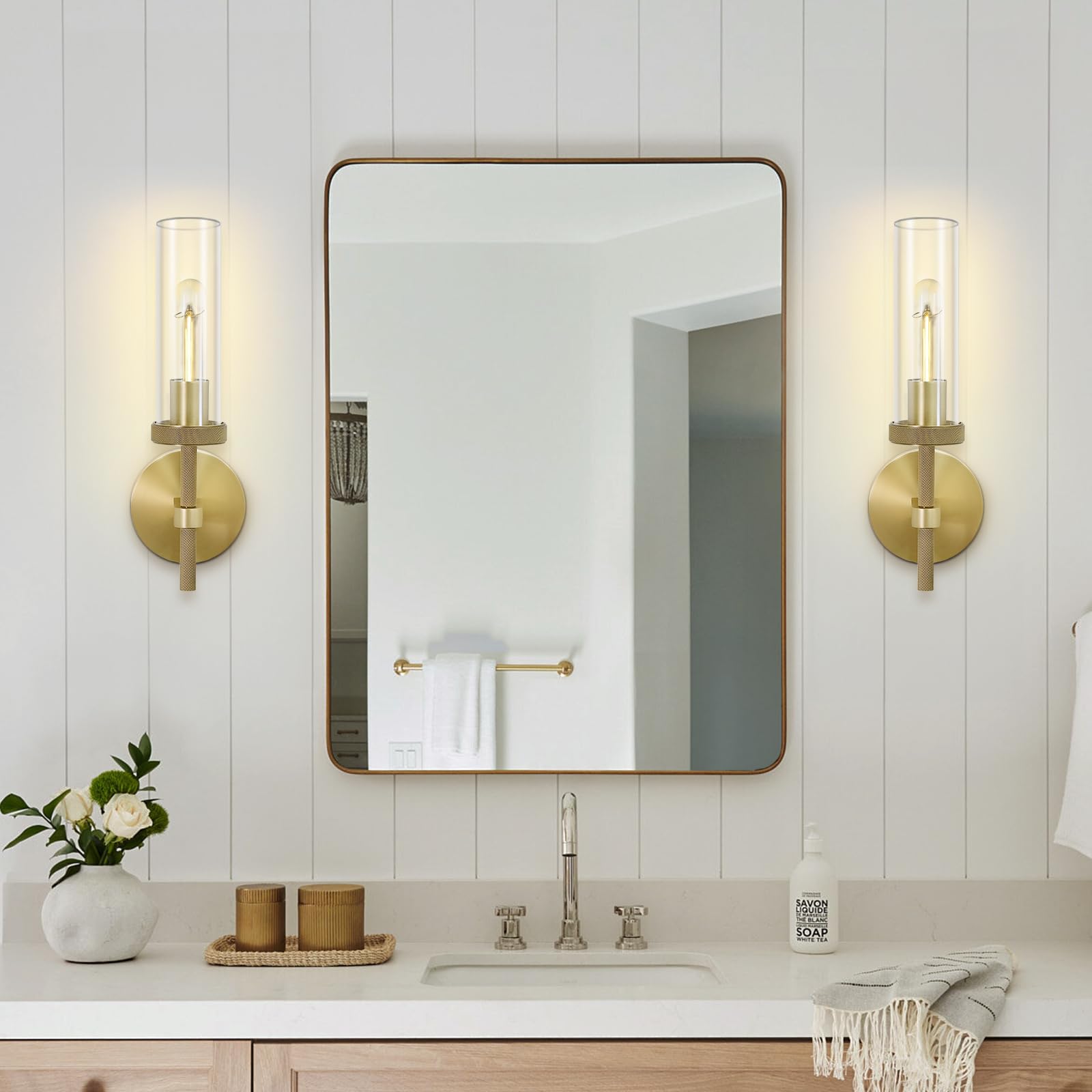 Brass Knurled Wall Sconces Set Of Two, 14'' Sconces Wall Lighting Indoors, Gold Bathroom Vanity Wall Sconces, Wall Lights For Li