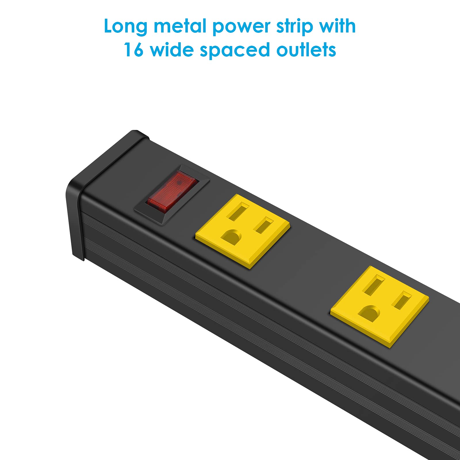 JUNNUJ Long Metal Power Strip with 16 Outlets, 15 FT Cord, 15A, 125V, Yellow