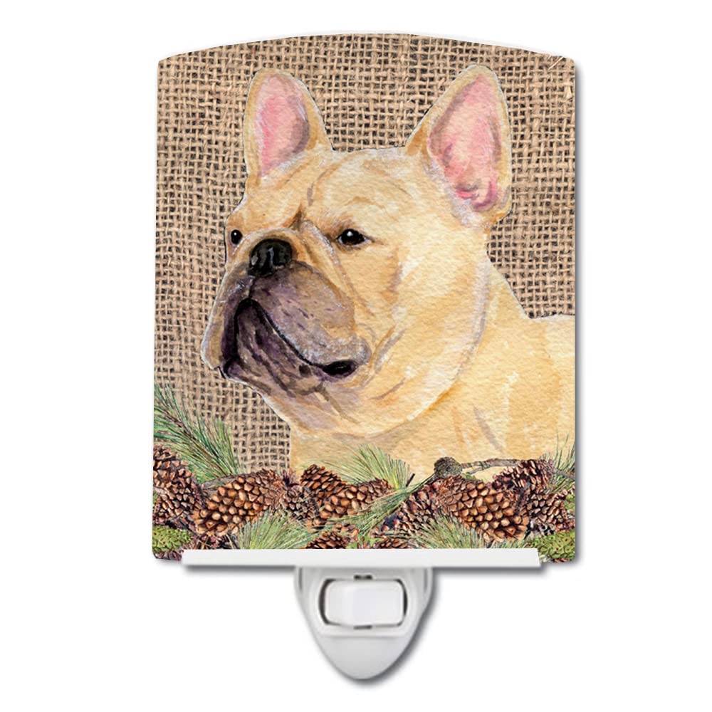 Caroline'S Treasures Ss4076Cnl French Bulldog On Faux Burlap With Pine Cones Ceramic Night Light Compact, Ul-Certified, Ideal For Bedroom, Bathroom, Nursery, Hallway, Kitchen, 6X4X3, Multicolor