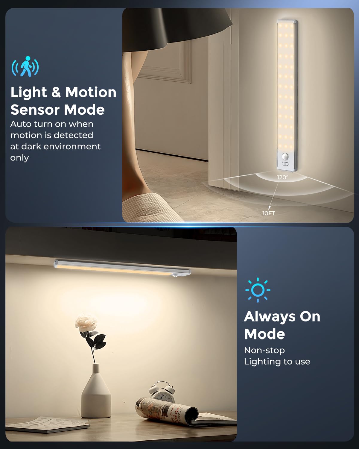 OTWKAY Under Cabinet Motion Sensor Light, Dimmable LED, 10.5in, Warm White, Magnetic Wireless, Rechargeable, 2 Pack