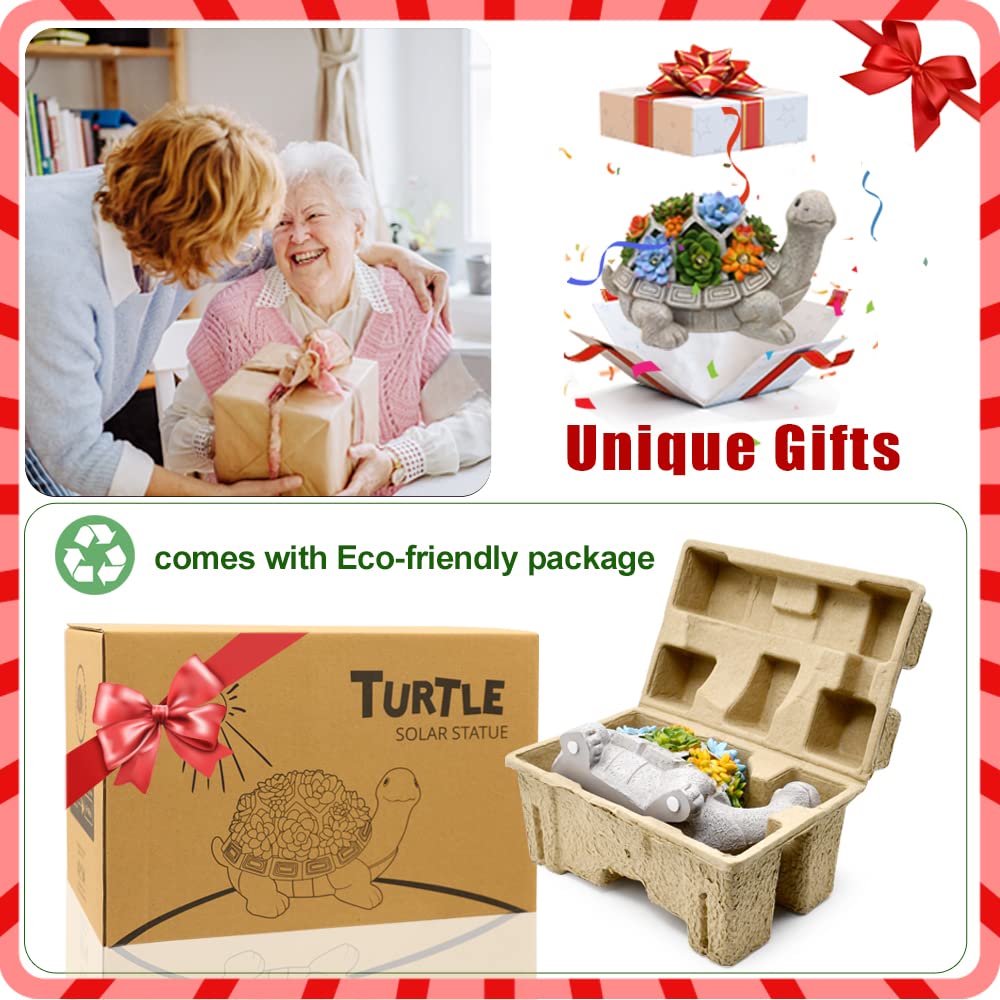 Nacome Solar Garden Outdoor Statues Turtle With Succulent And 7 Led Lights - Lawn Decor Tortoise Statue For Patio, Balcony, Yard Ornament - Unique Housewarming Gifts