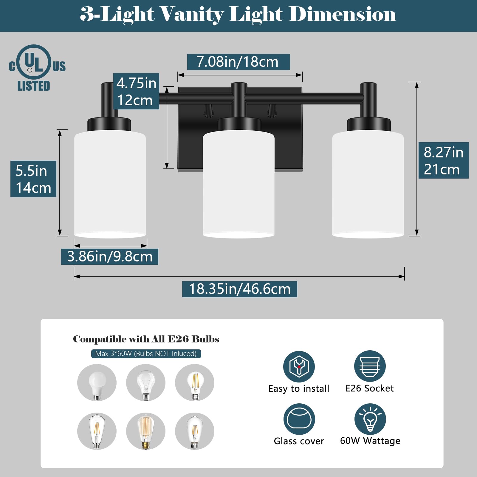 Lomoky 3-Light Vanity Light Fixture, Matte Black, Metal, Modern Design with Milky White Glass Shades