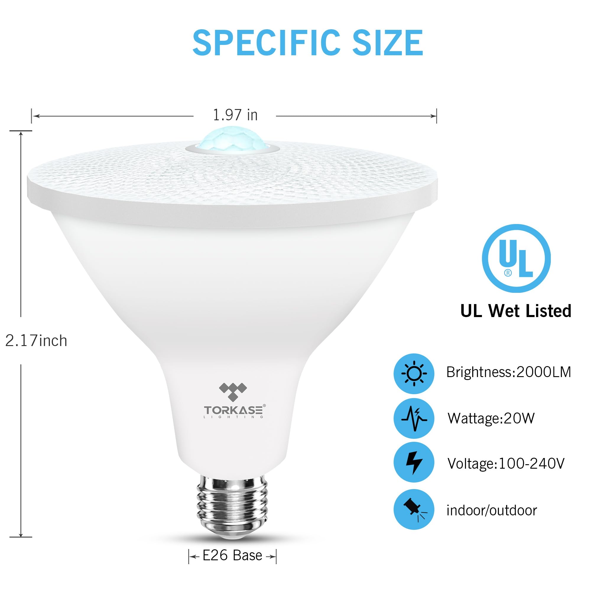 Torkase PAR38 Motion Sensor LED Flood Light Bulbs 20W 150W Equivalent 2000LM E26 Base 6 Count Transparent-Daylight Model QP6012SA