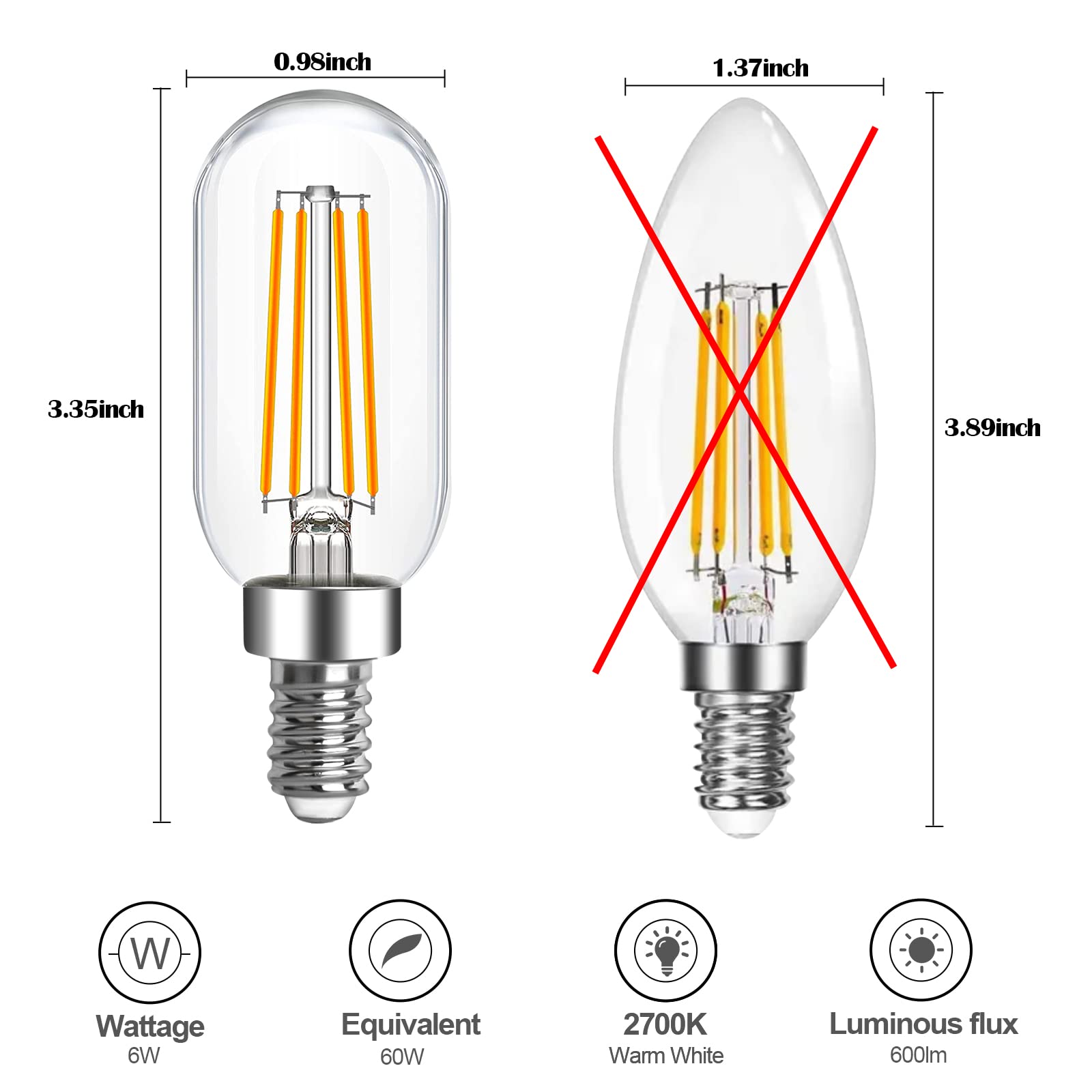 PARTPHONER E12 LED Light Bulb 6W Dimmable 60W Equivalent, 600LM Warm White Filament, T6 6-Pack for Chandeliers & Wall Scon