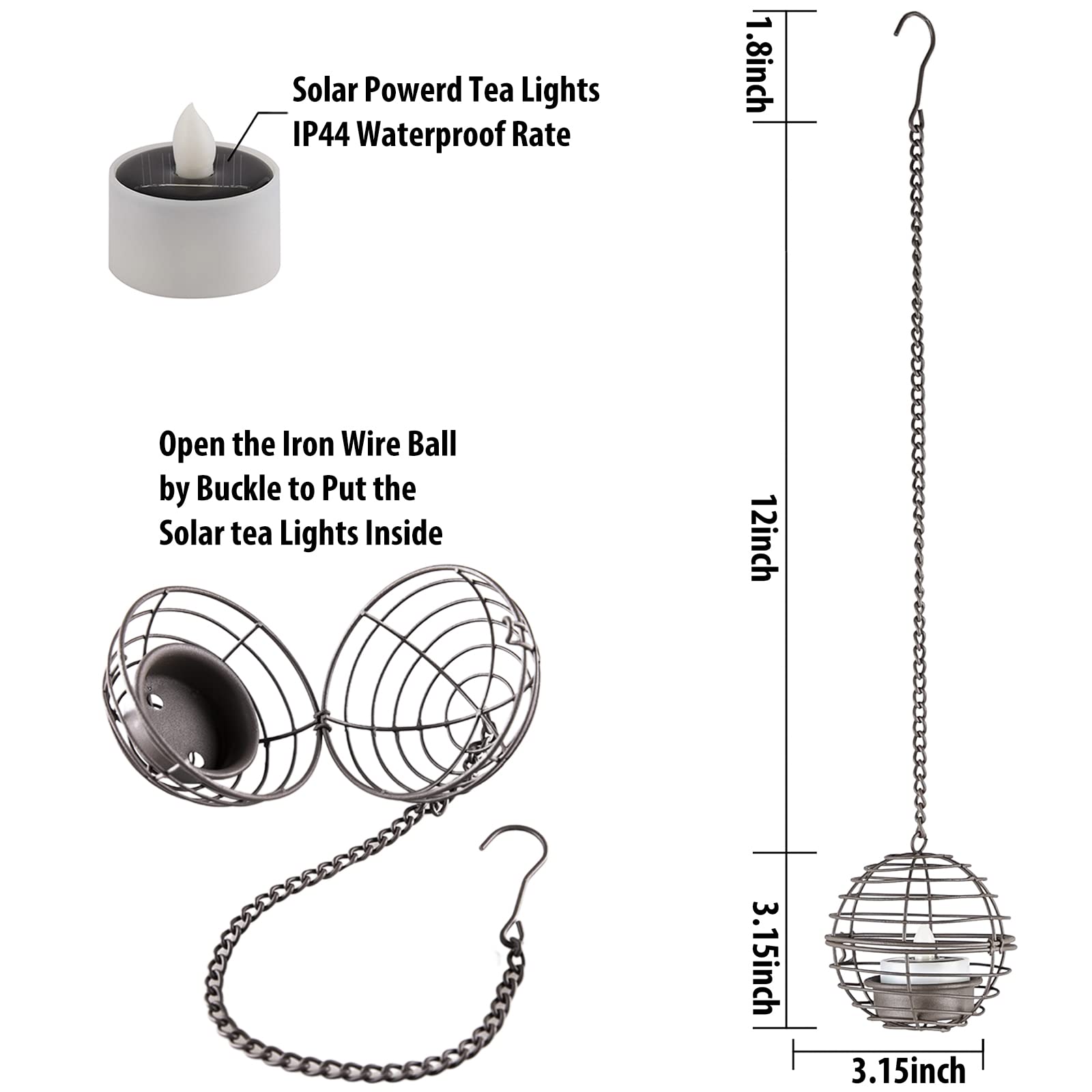 Twinkvilla Solar Hanging Lanterns, Waterproof Rust Iron Ball Candle Holders, Amber Tea Lights - 4 Pack