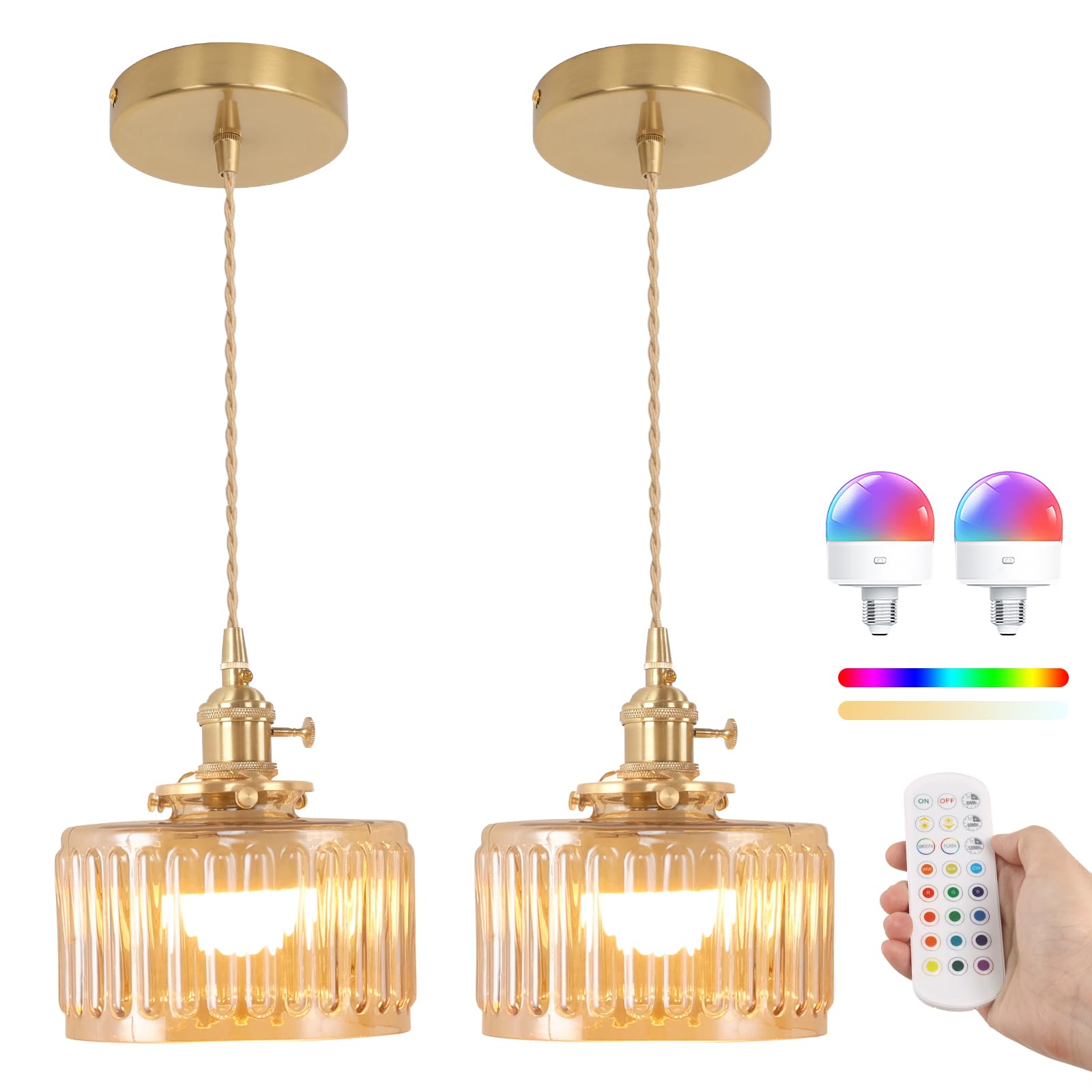 Shenmoyl Battery Operated Pendant Light, 5000mAh Rechargeable, Remote Control, Amber Striped, 2 Pack, Glass