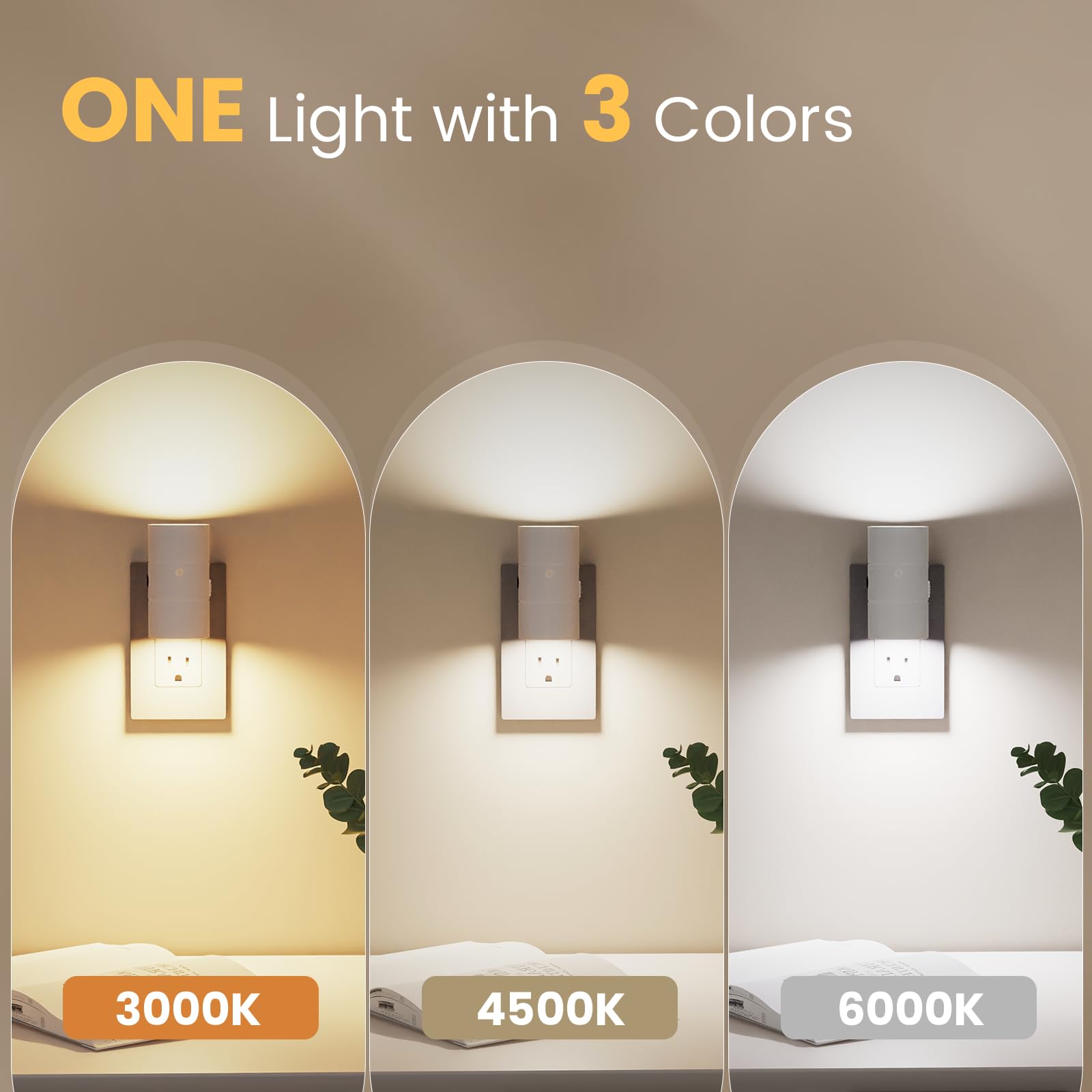 VOLISUN Dimmable LED Night Lights with Dusk to Dawn Sensor, 0-100LM, 3 Color Temps, 2 Pack, White, Model LH-XYD001