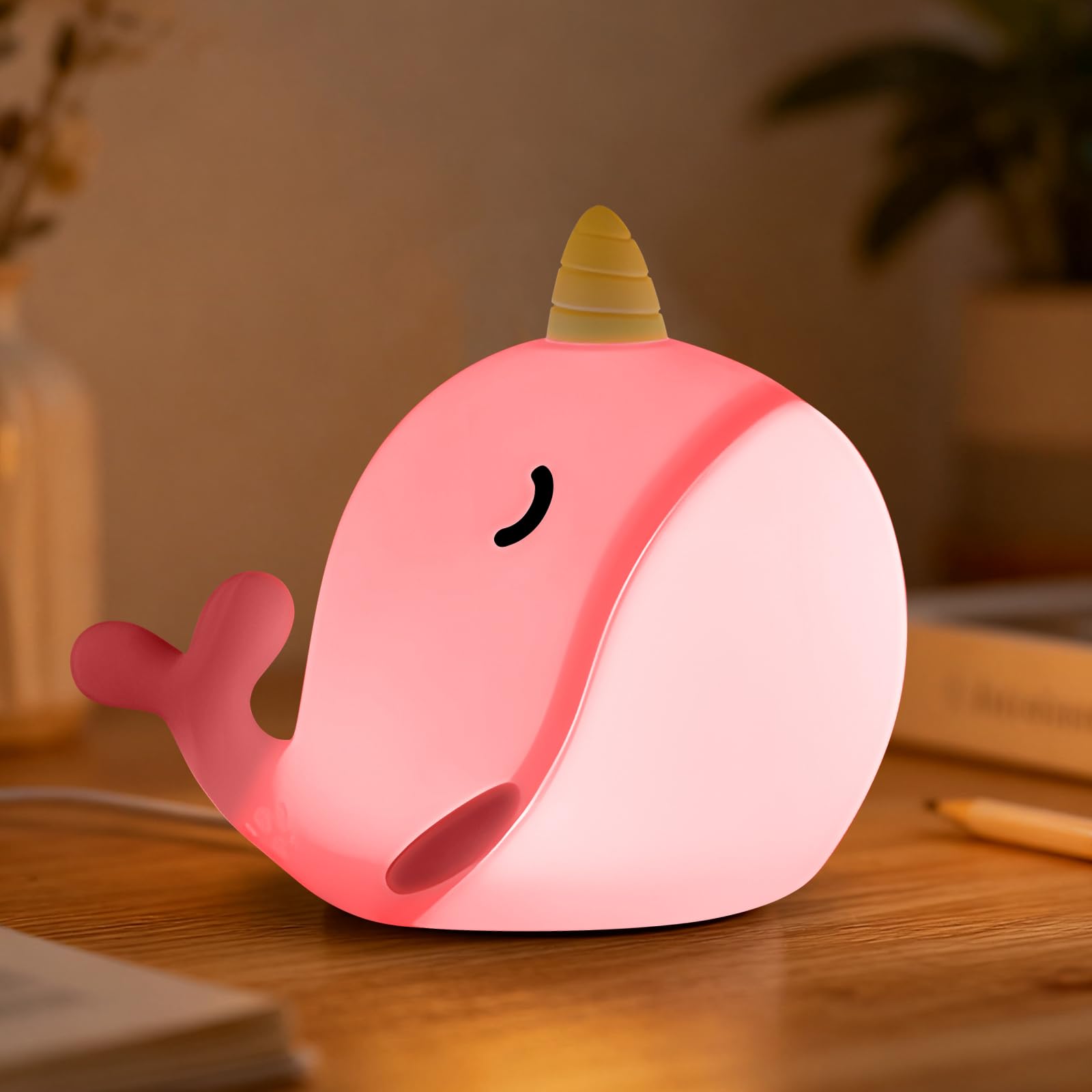 Hpydiy Cute Narwhal Night Light  Tap Control With 3 Warm White Brightness  Usb Kids Bed Lamp With 30-Minute Timer  Soft Silicone Glow For Nursery  Birthday Gift(Pink Narwhal)