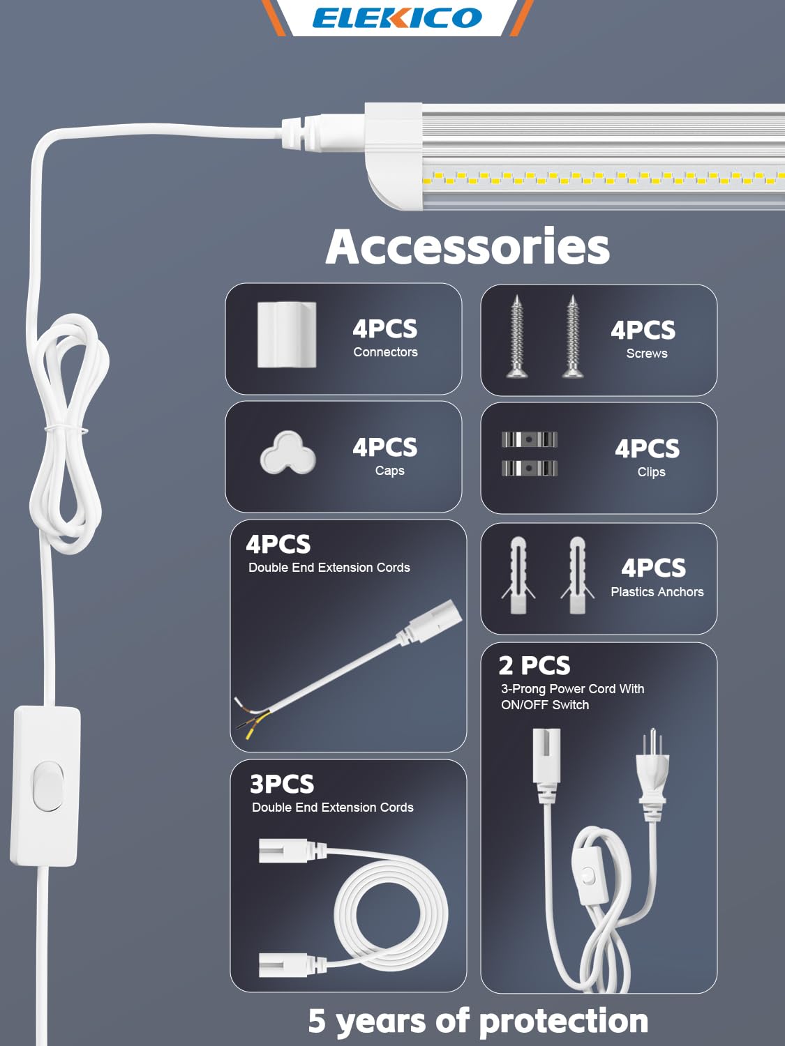 Elekico 4 Pack 2Ft Led Shop Lights, 6000K 40W 5600Lm 24 Inch Led Light Fixture Power Cord Wth On/Off Switch, Linkable 2Ft Led Sh