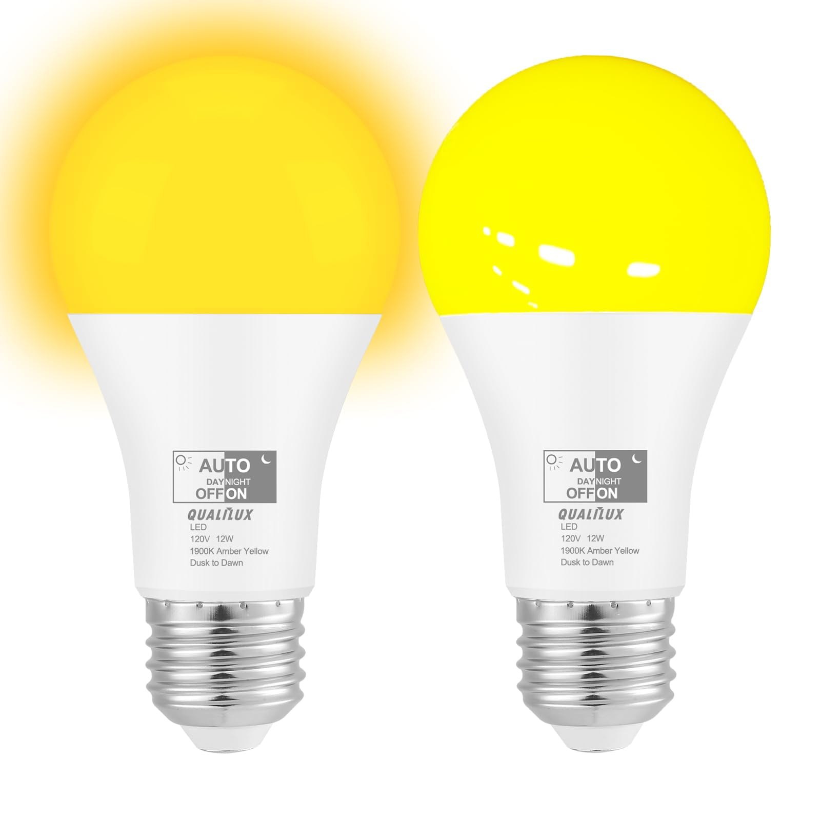 Qualilux Dusk To Dawn Bug Light Bulbs Outdoor, 1900K Amber Yellow, 800 Lumen, Led 12W, A19 E26, 2-Pack, Hq-H019