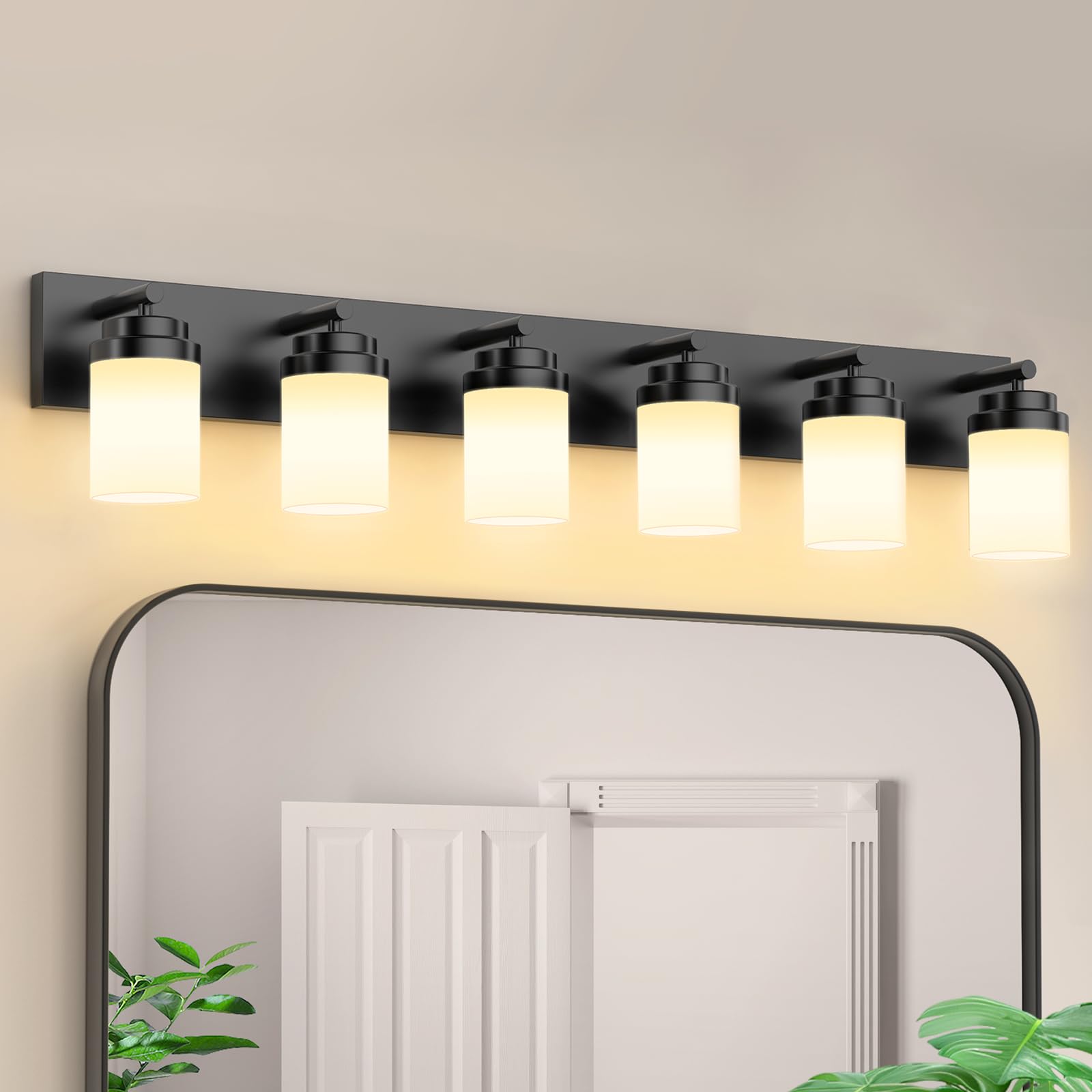 IZORRO Bathroom Vanity Light Fixture  6-Light 43 Inch Matte Black Bathroom Light Fixtures Over Mirror  with White Glass Shade  Modern Farmhouse Vanity Lights  Rustic Restroom Lighting Fixtures