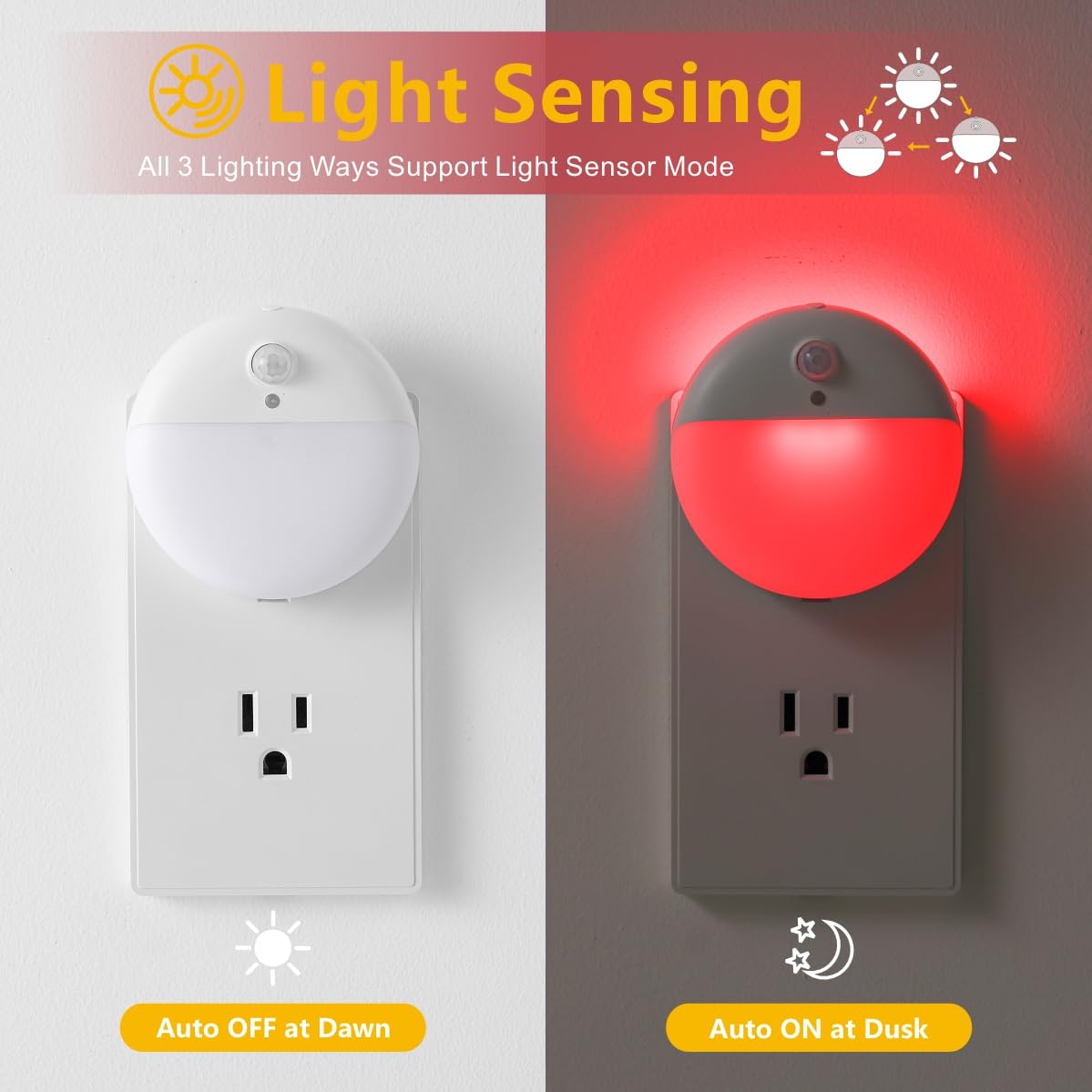 Yunlex 2 Pack Plug In Night Light With 3 Lighting Ways, Stepless Dimming, Light Sensor, Red Led Nightlight For Bathroom, Hallway