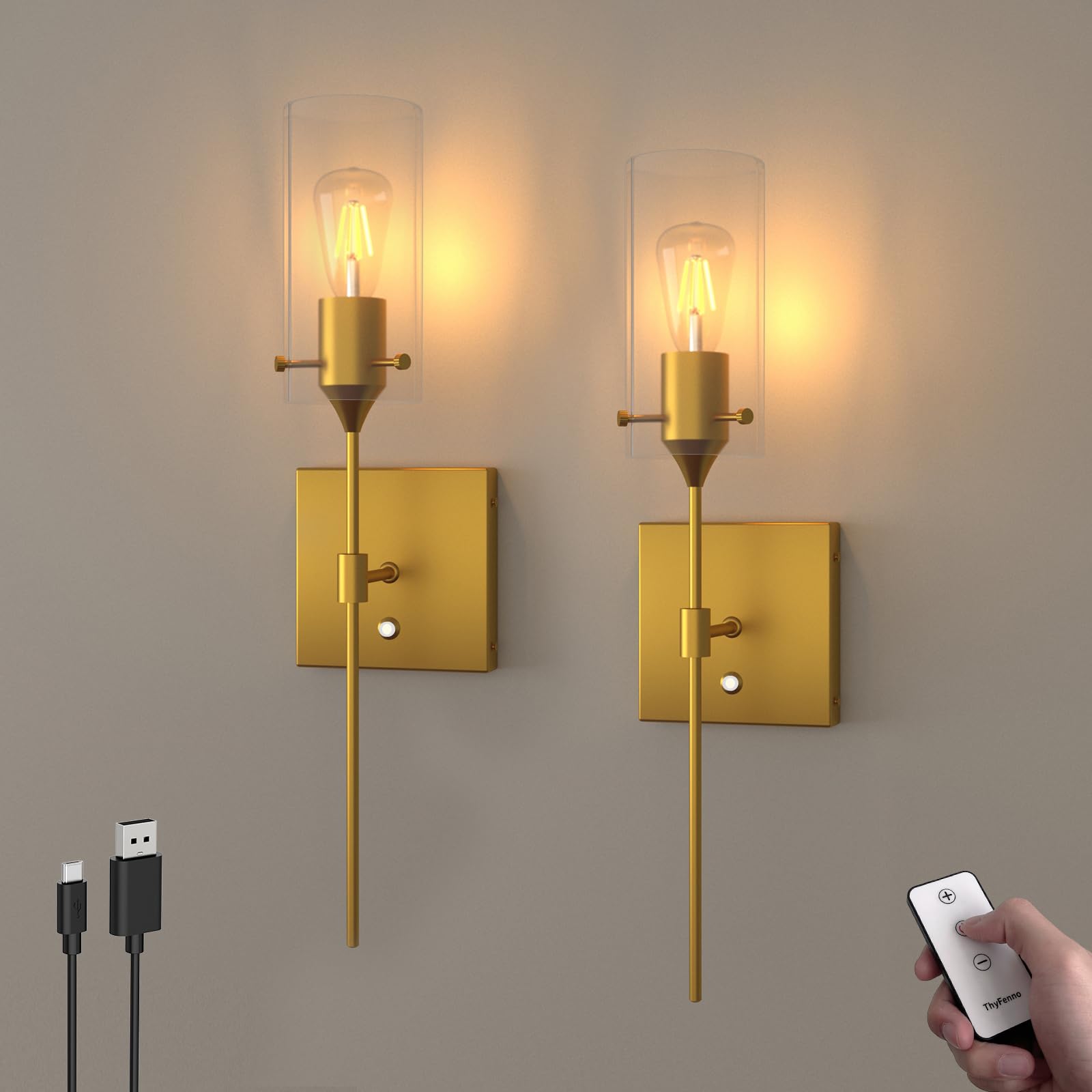 ThyFenno Battery Operated Wall Sconce Set of Two, Dimmable, Remote Control, Brass, Metal, Model TF-1T T1L