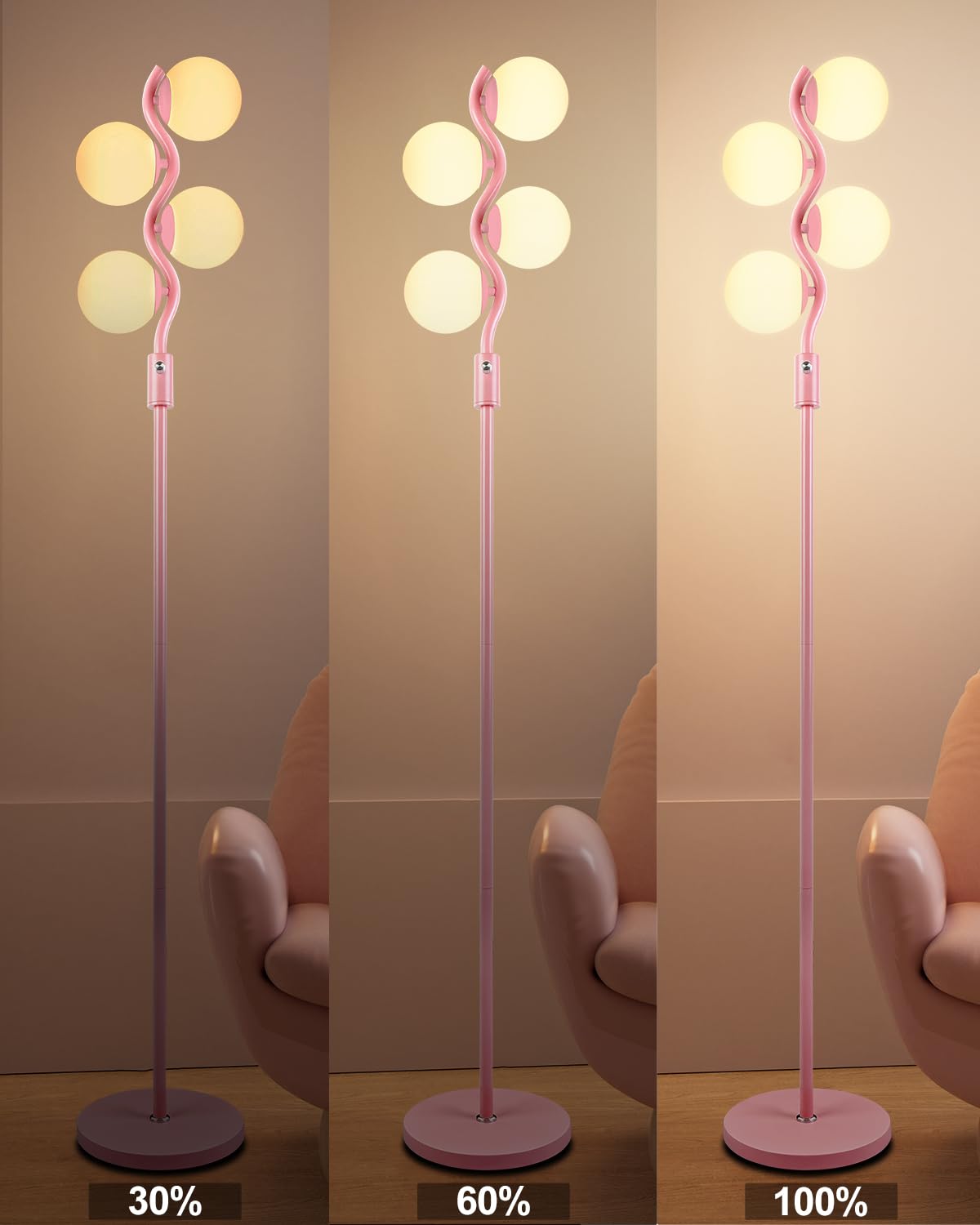 Lightdot 64In Dimmable Globe Floor Lamp, Pink Standing Lamps With 4Pcs 3000K G9 Bulbs Soft Warm White Eye Care, Mid Century Mode