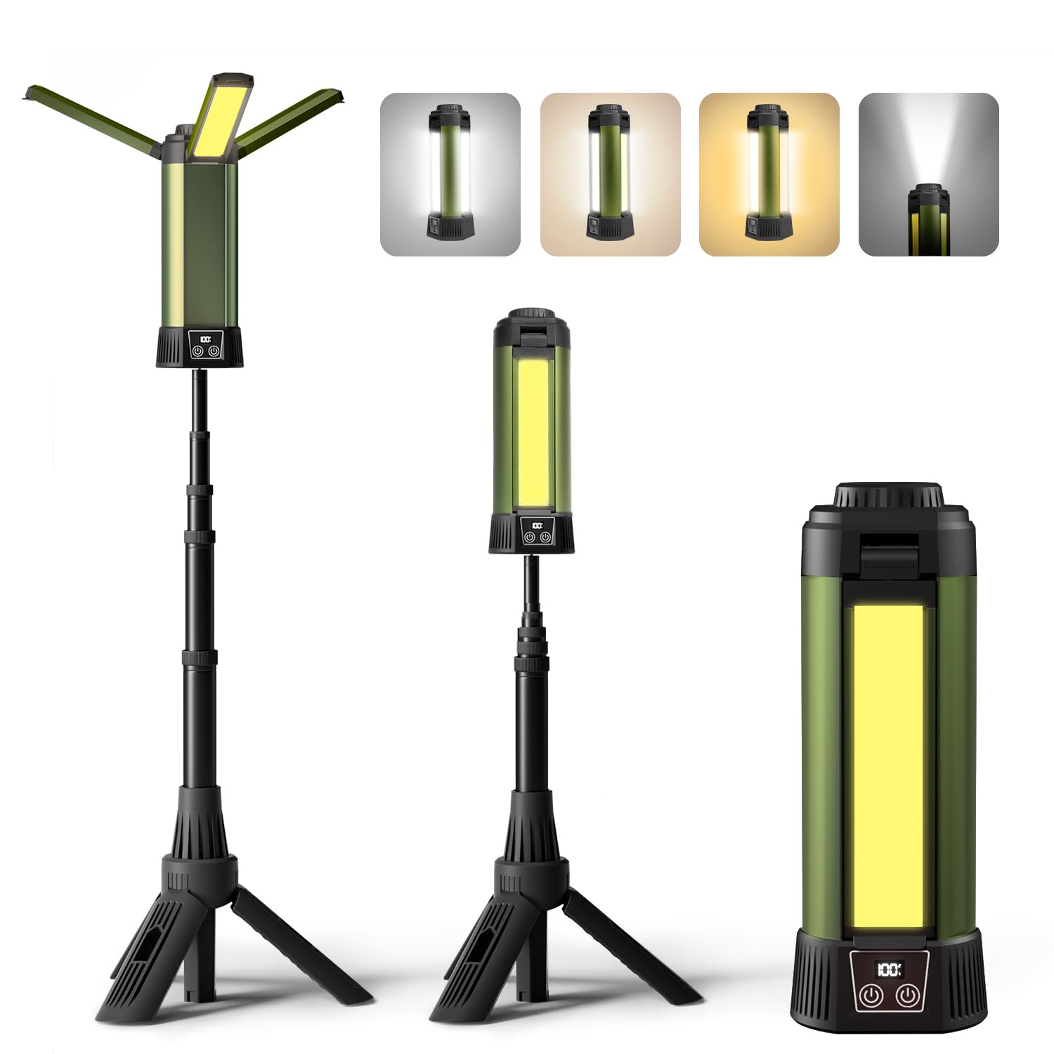 mlogiroa Rechargeable Work Light Kit 500/1000/2000 Lumen Dimmable with Stand, Tripod, Hooks, Carrying Bag - Green-S