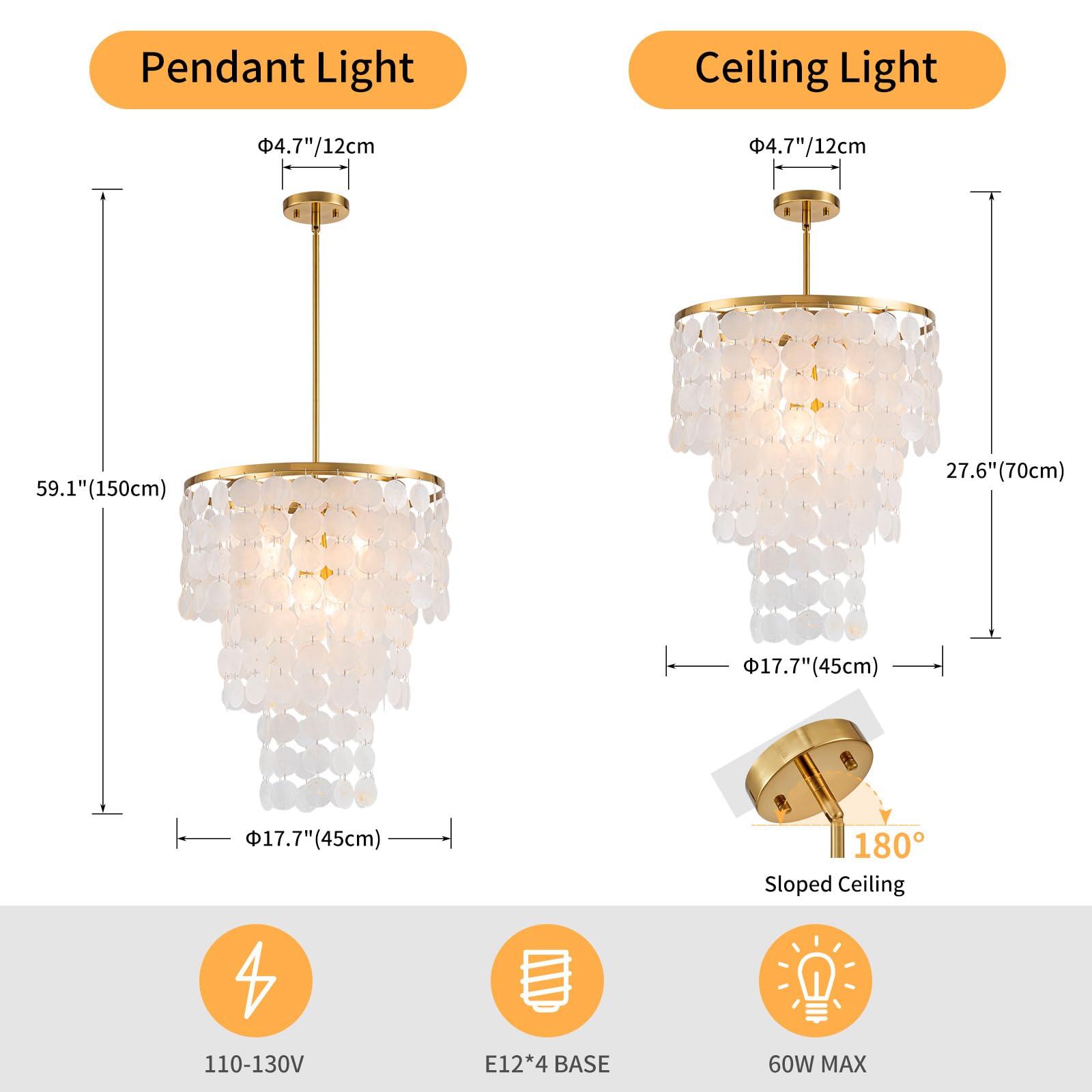 LumFurn 4-Lights Capiz Shell Chandelier, Adjustable Pendant Light Fixture, Gold Frame, D17.7 x H27.5~59", Modern Design for Dining Room & Living Room