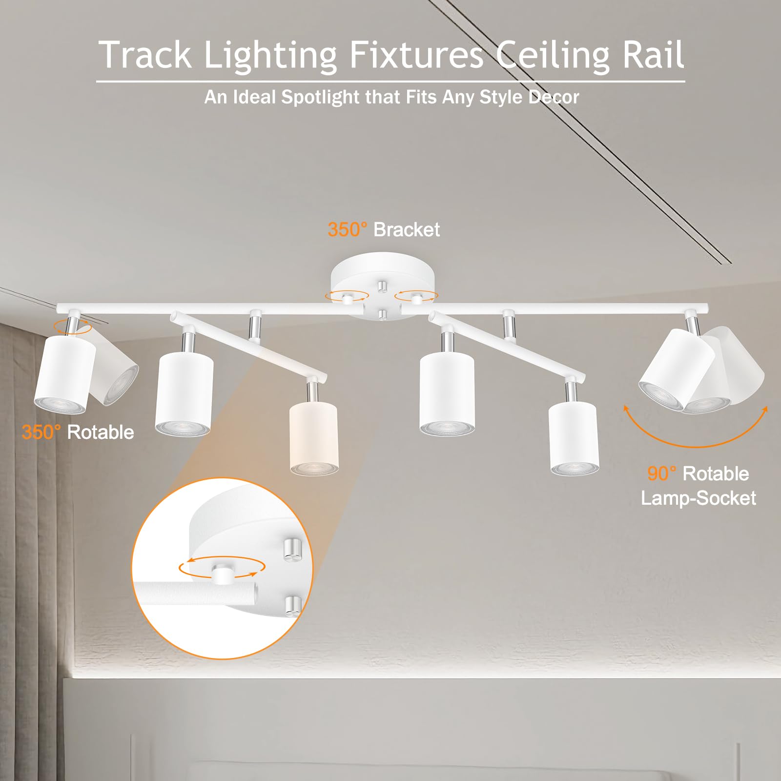 Boostarea 6 Light Track Lighting Kit, White 6 Way Ceiling Spot Lighting, Center Swivel Track Light Heads, Flexibly Rotatable Lig