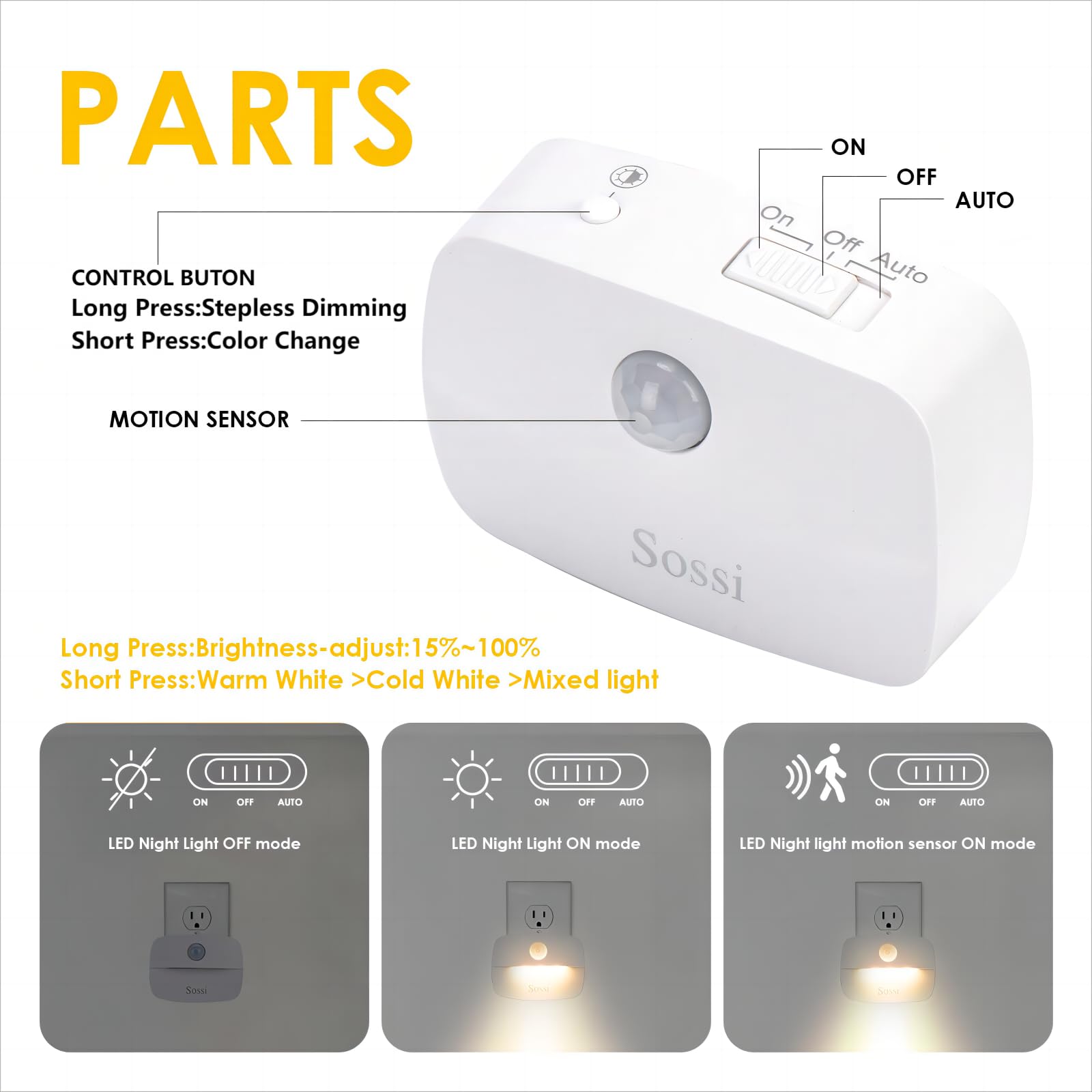 Sossi Motion Sensor Night Light Plug In 4 Pack,10-60Lm Stepless Dimming,3 Light Modes With Memory, Smart Night Lights Plug Into