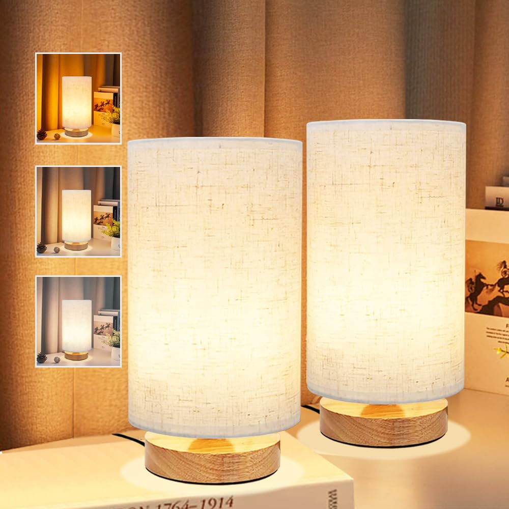 UCHENTON 3-Color Adjustable Bedside Table Lamp Set of 2, Linen Shade, Beige, Model UCT003