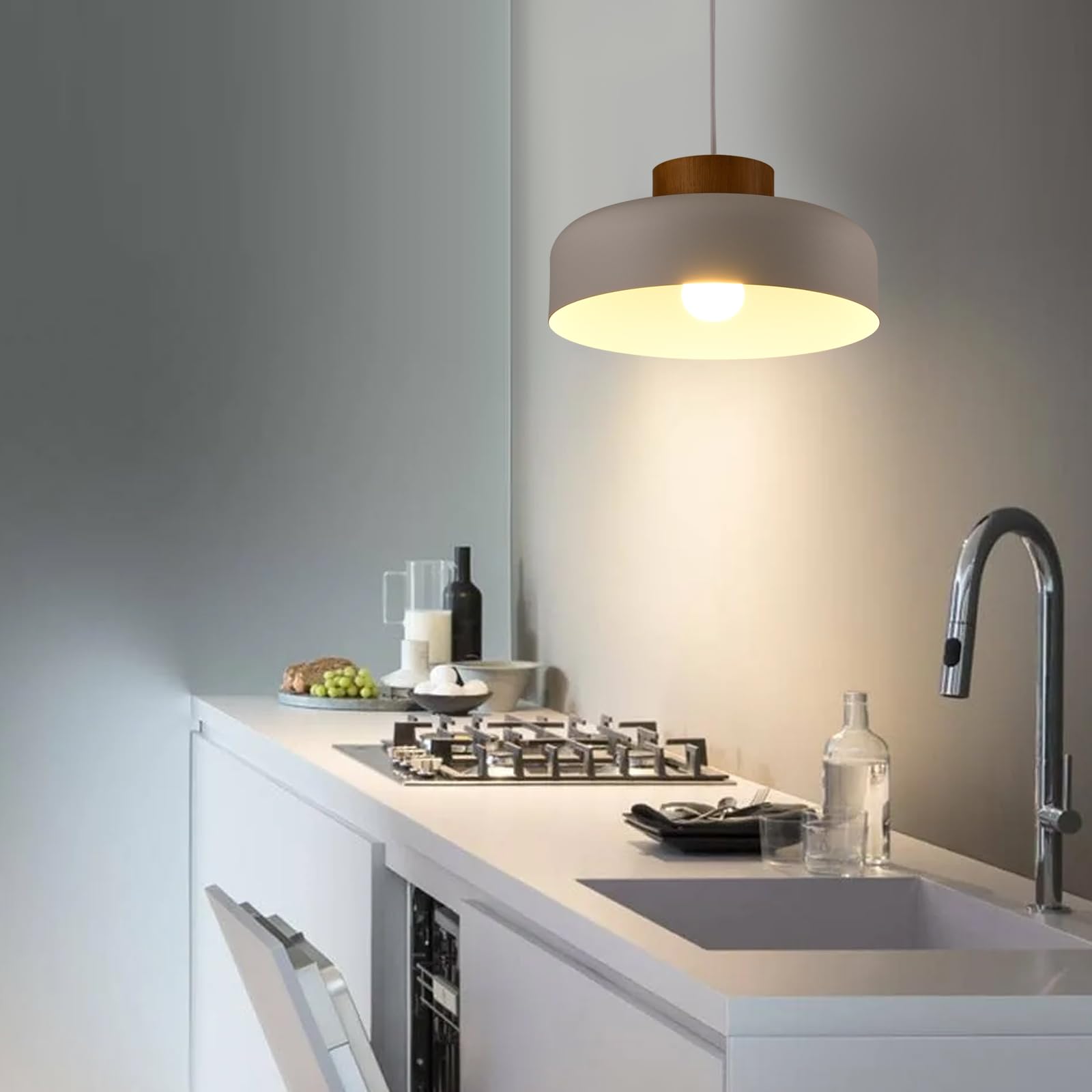 Modern Pendant Lights Kitchen Island, 12.6 Inch,Natural Wood Cap, Drum Simple Ceiling Hanging Light Fixture For Dining Room, Tab