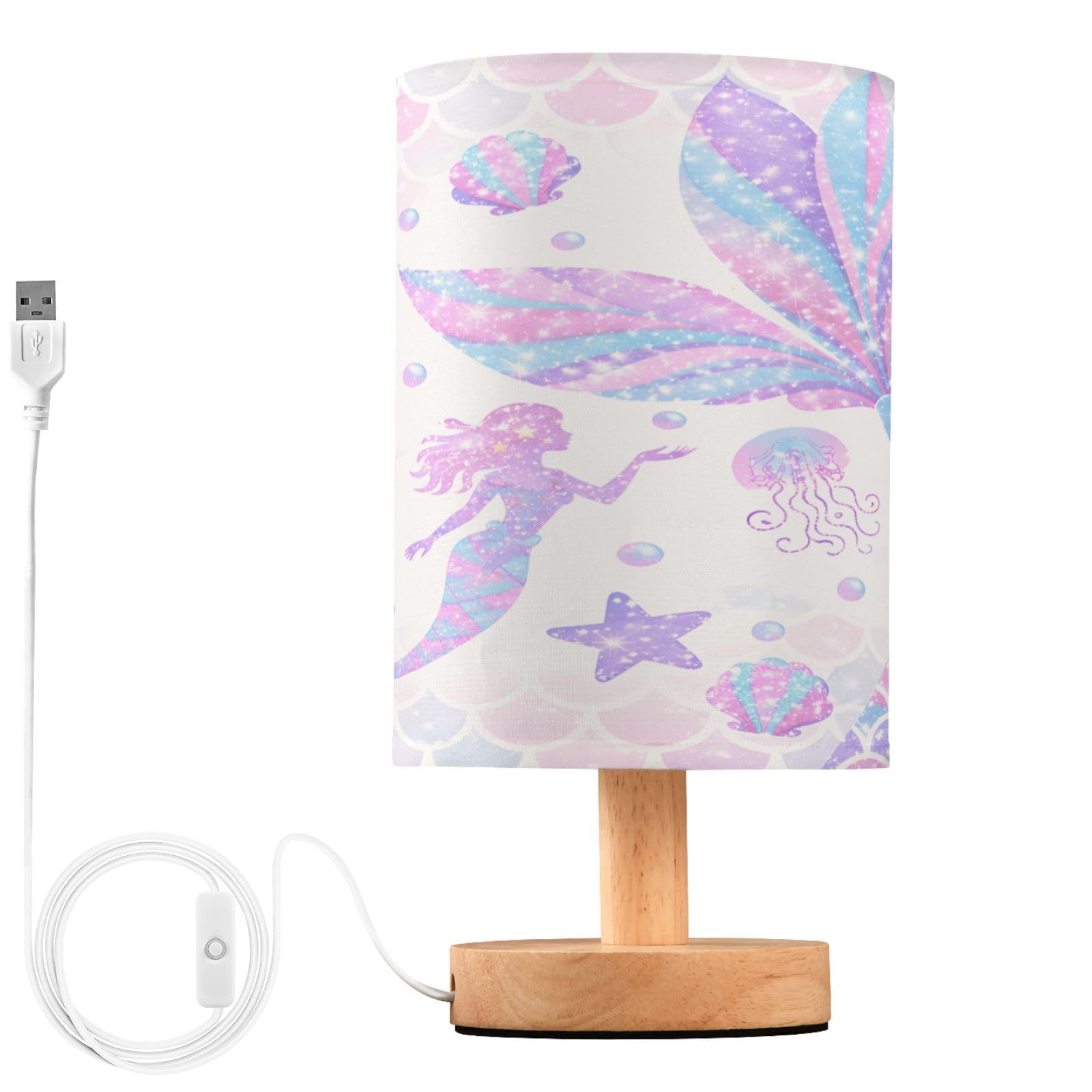 ALAZA Mermaid Starfish Jellyfish Seashell Decor Bedside Table Lamp with USB Port for Bedroom Nightstand Office Desk LED Bulb Inc