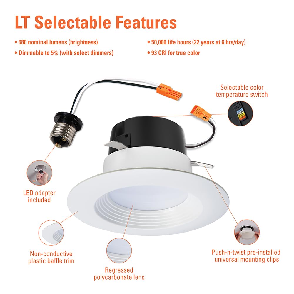 HALO LT 4 Recessed LED Trim Can Light, 5CCT 2700K-5000K, 6-Pack - Energy Efficient Indoor/Outdoor Lighting