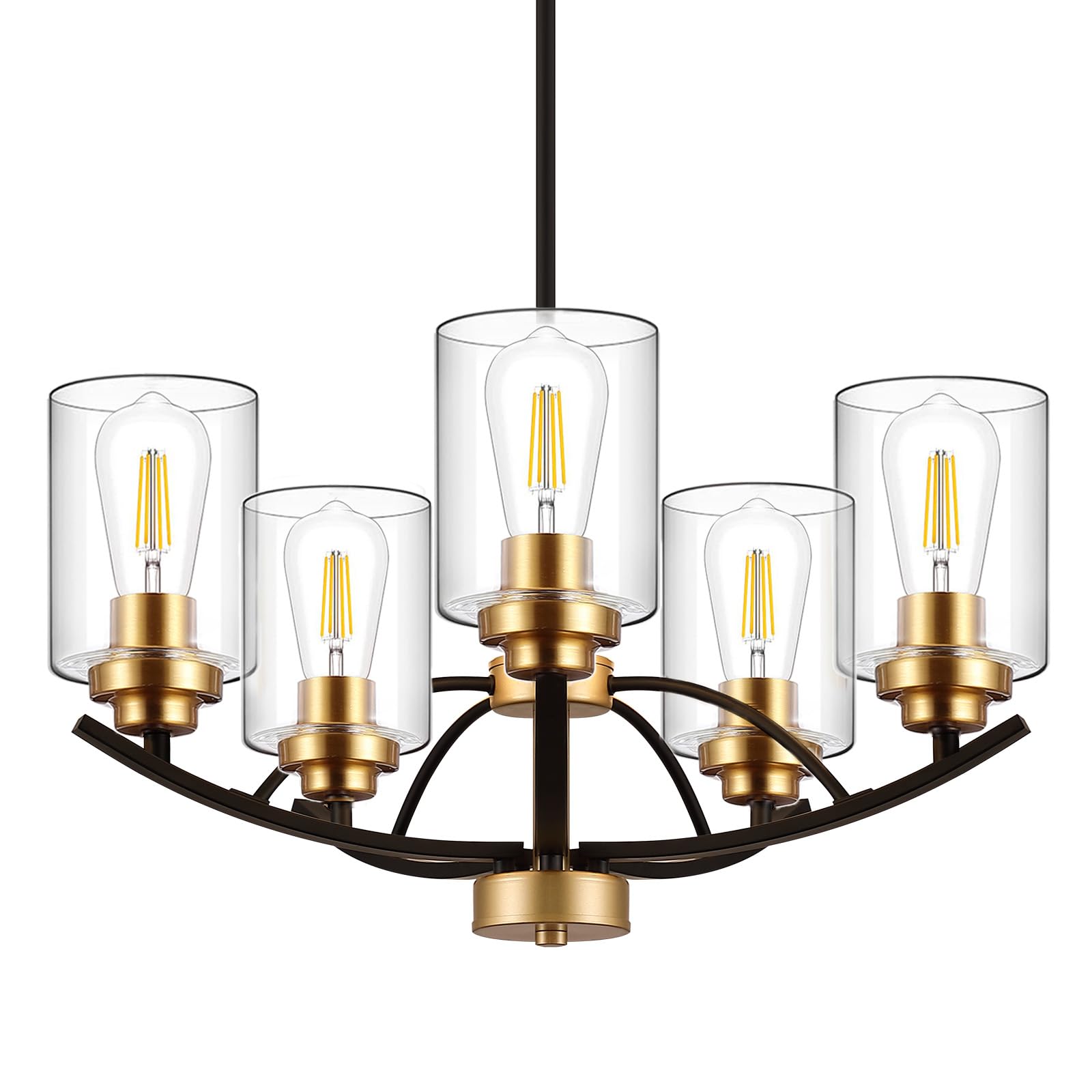 9MMML 5 Lights Glass Chandelier,Wrought Iron Pendant Light Fixtures, Gold+Black Finish Kitchen Island Lighting for Dining&Living