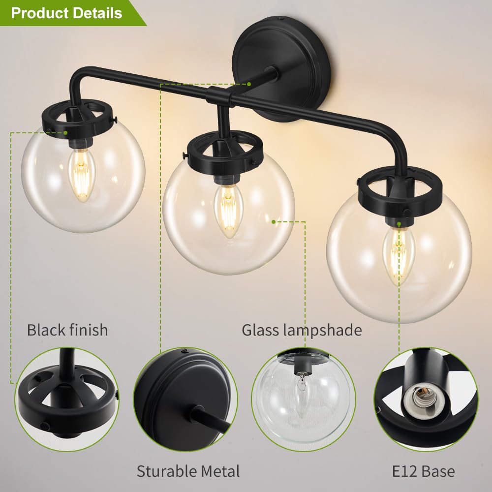 Deyidn Black Bathroom Vanity Light Fixtures Over Mirror, Modern Matte Black 3 Lights Wall Sconce Lighting With Transparent Glass