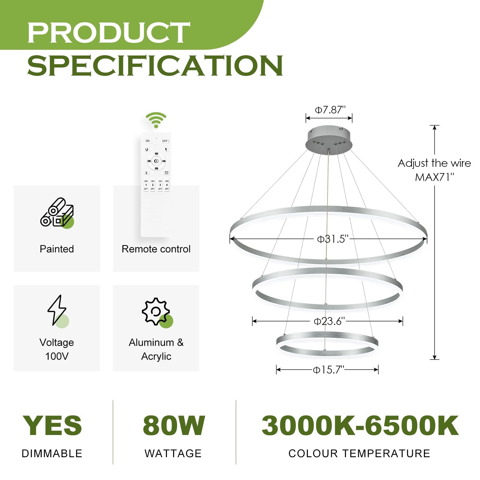Benkut LED Chandelier Pendant Light, Dimmable, 3 Ring, Silver, Remote Control, High Ceiling, Model P60-3SDC1