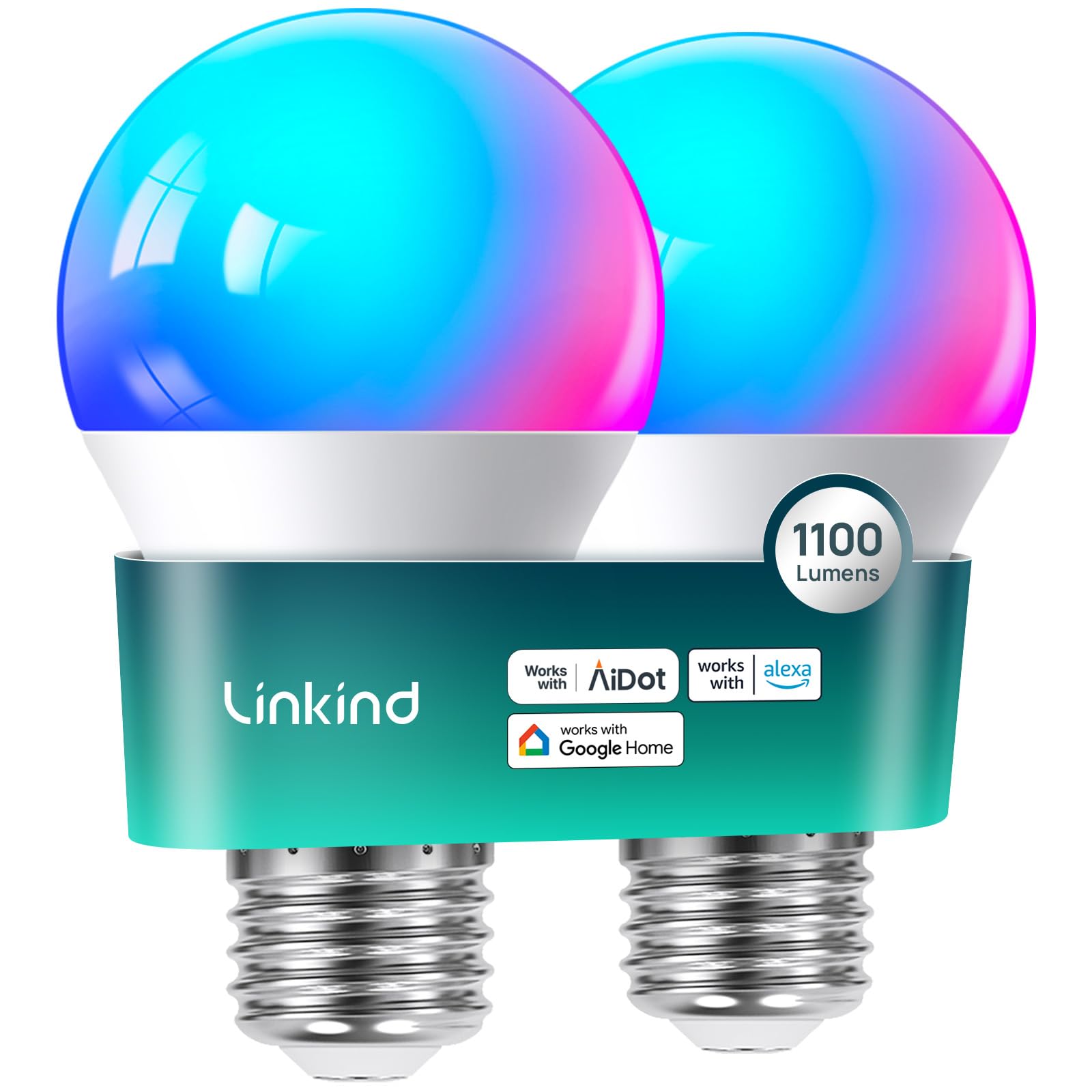Linkind Smart Light Bulbs, 1100LM (75W Equivalent) Smart Bulb, Work with Alexa & Google Home, RGBTW Color Changing Bulbs Music Sync, 2.4GHz Wi-Fi & Bluetooth, LED Alexa Light Bulbs 11W, A19 E26, 2Pack