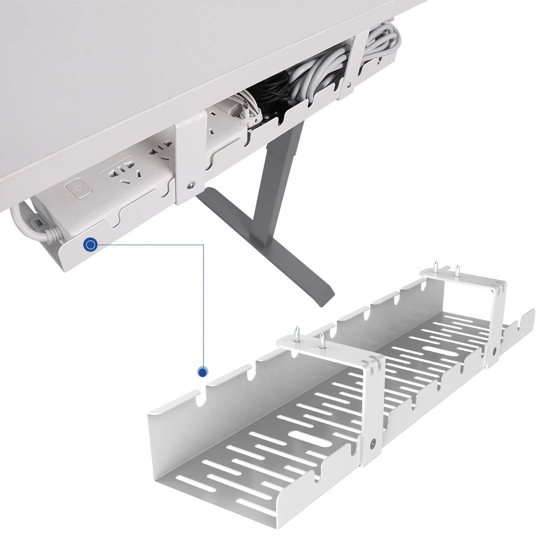FLEXISPOT Under Desk Cable Management Tray, Metal, 19.7x4.7in, White, Tidy Organizer for Office and Home, Ideal for Standing Desks