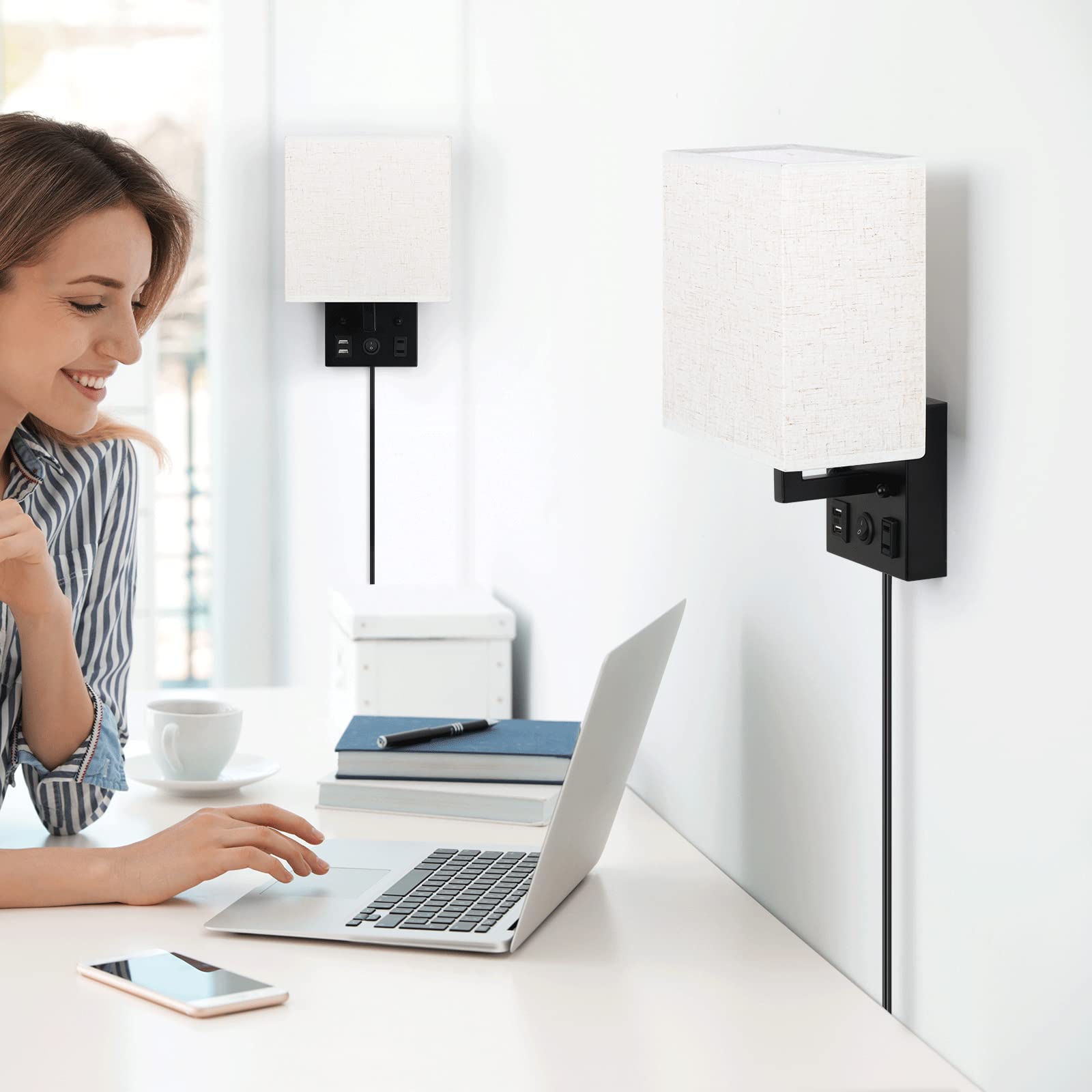 CADUKE Wall Lamp Set of 2, Black Brushed Nickel Sconces with USB Port & AC Outlet, E26 LED Bulb Included, Modern Design for Living Room/Office