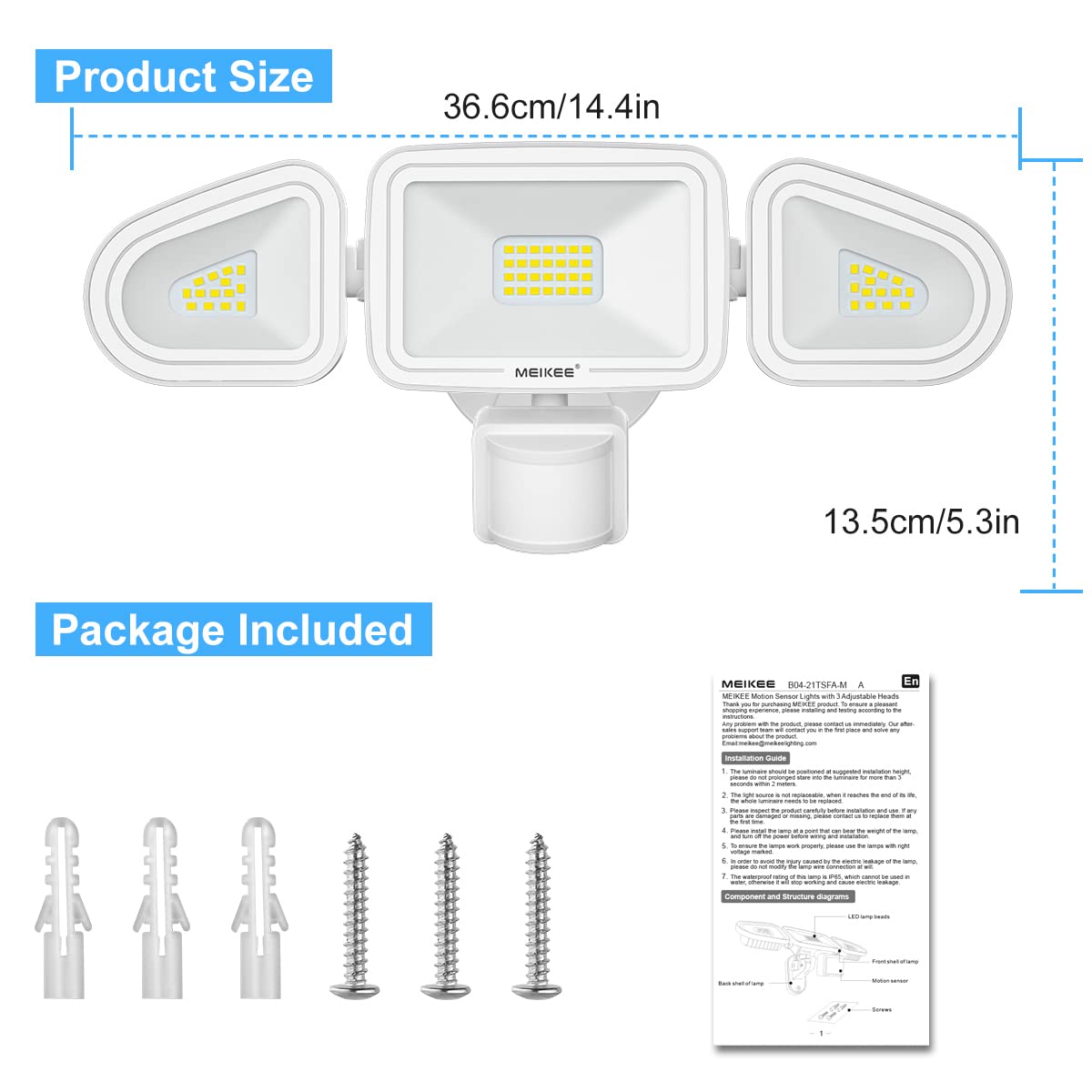 Meikee 42W Led Motion Sensor Flood Light, 3600Lm, 6500K, Ip65 Waterproof, White, 3 Adjustable Heads For Garage, Yard, Garden